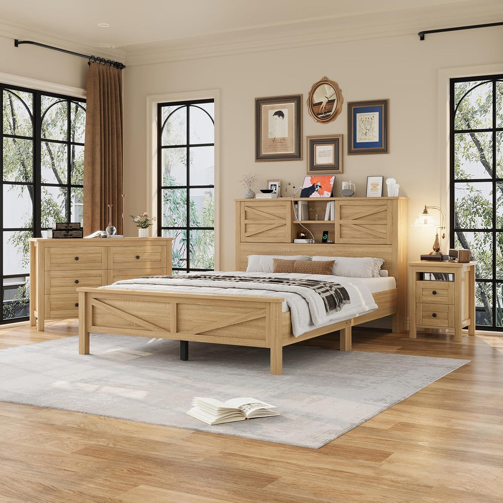 Harper & Bright Designs 3-Pieces Bedroom Sets Queen Size Farmhouse Platform Bed with Double Sliding Door Storage Headboard and Charging Station, Storage Nightstand and Dresser, Natural