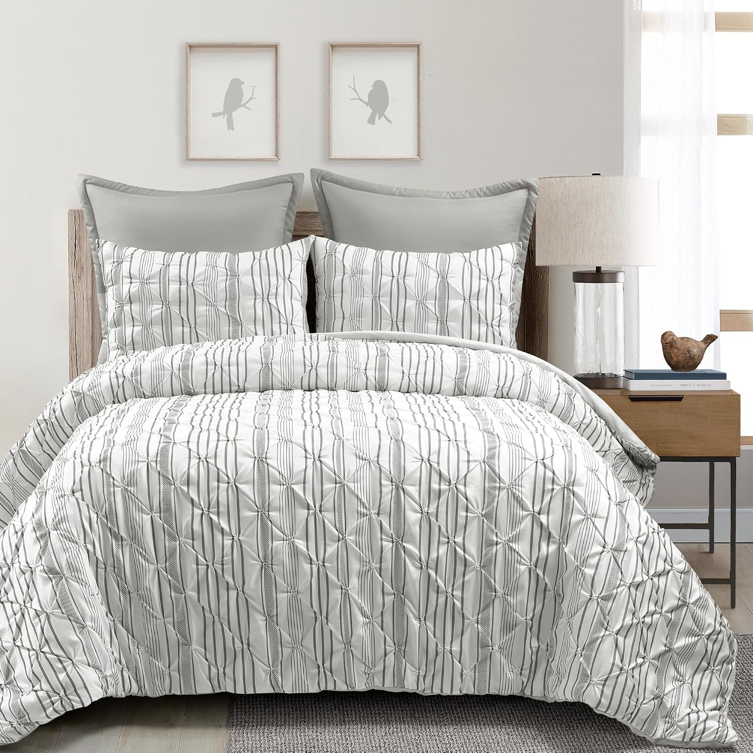 Lush Decor Ravello Pintuck Striped Comforter Set - Luxe 5 Piece Reversible Bedding Set - Traditional Glam & Farmhouse Inspired Bedroom Decor - Full/ Queen, Gray Stripe
