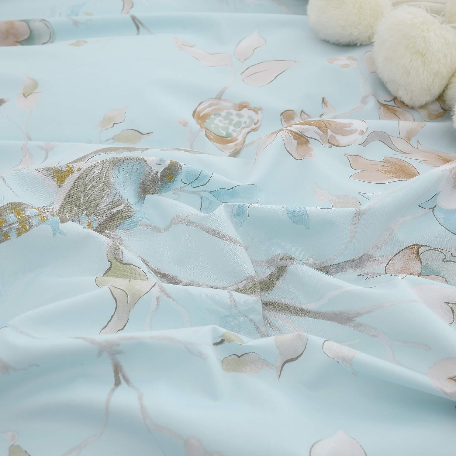 FADFAY Farmhouse Floral Bedding Shabby Blue Bird Print French Countryside Chic Bedding Set Luxury Bedskirt Collections 800 Thread Count 100% Egyptian Cotton, 4 Piece-King Size