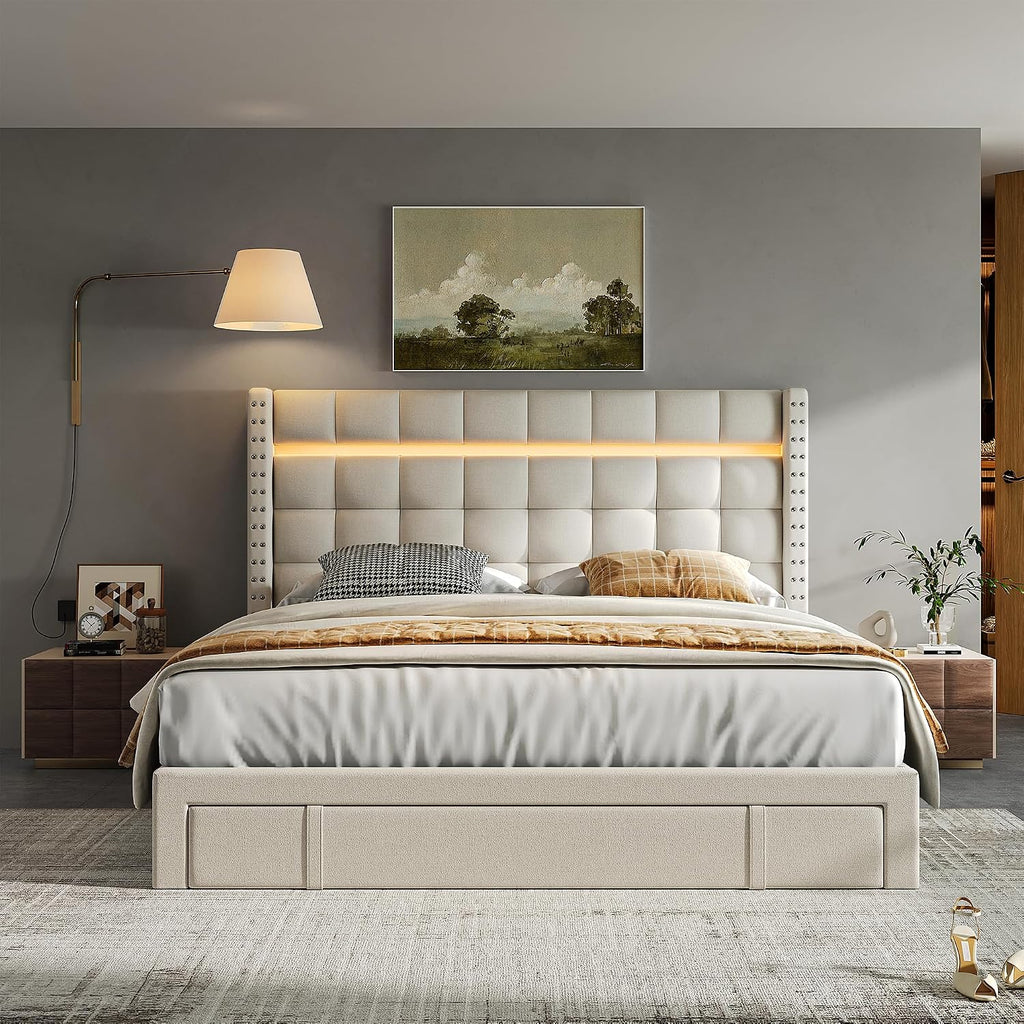 EnHomee Full Bed Frame with Adjustable Headboard &3 Storage Drawers,Upholstered Bed Frame Full Size with LED Light,No Box Spring Needed,Noise Free,Easy Assembly,Beige
