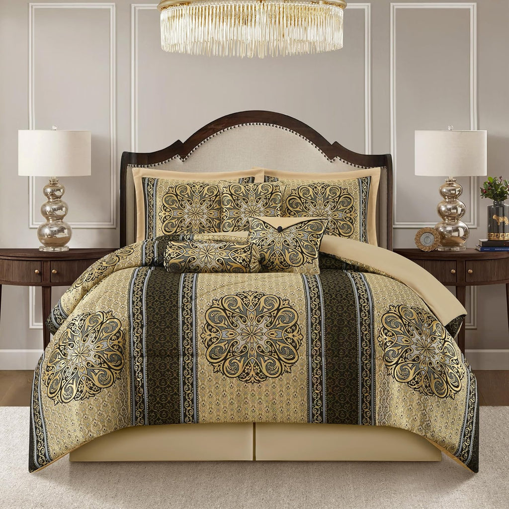 Grand Avenue Medallion 7 Piece Black Gold Comforter Set, King Size Jacquard Bedding, All Season Bedding Set, Bed Skirt, Pillows & Shams