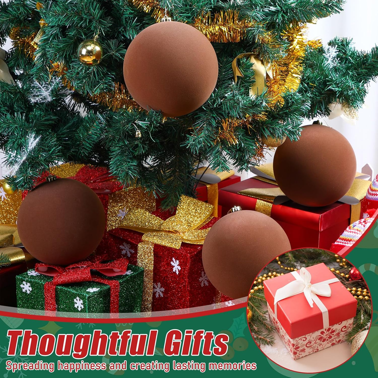 Hollowfly 12 Pcs 8 Inch Extra Large Velvet Christmas Balls Oversized Huge Big Christmas Tree Ornaments Balls for Family Holiday Xmas Tree Hanging (Brown)