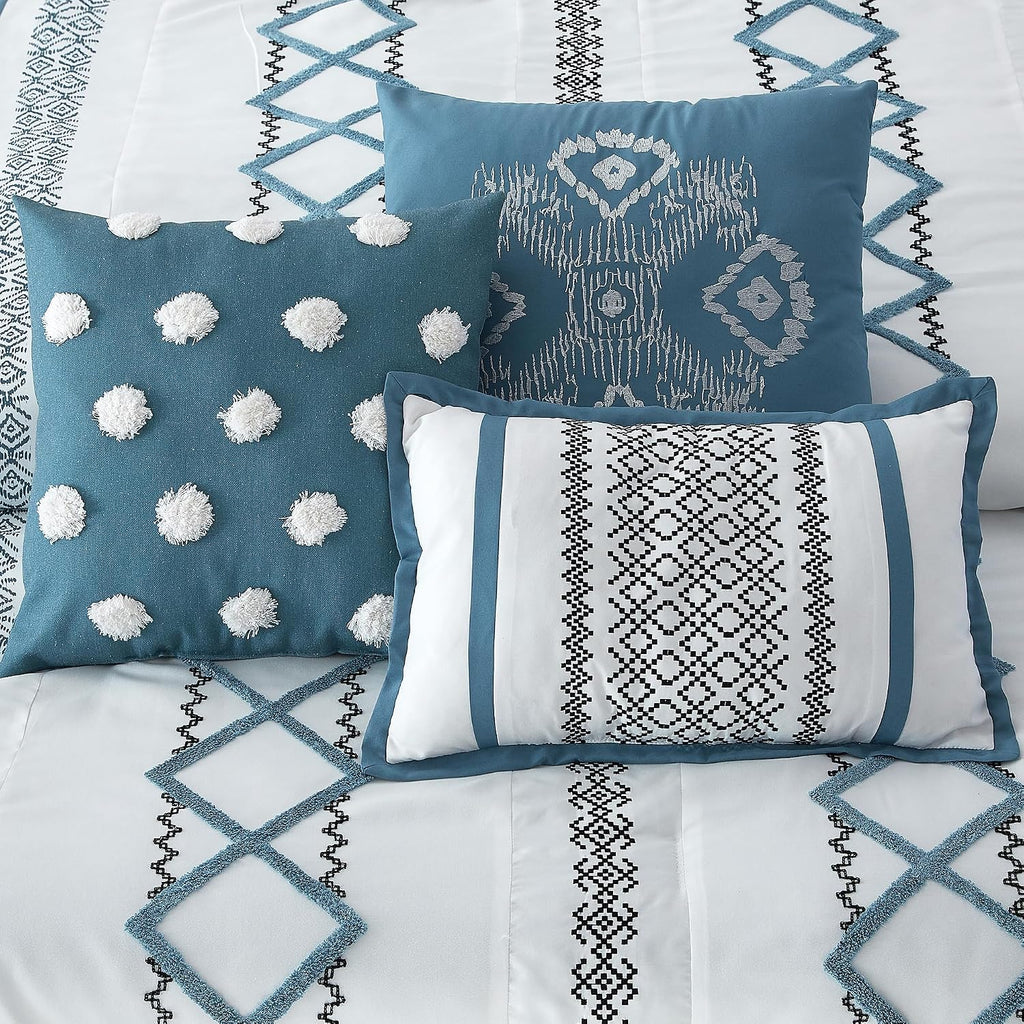 LANCO MODERN LIFESTYLE Blue Queen Comforter Set, 7 Pieces All Season Bedding Sets in a Bag with Geometric Terry Embroidered Comforter, Bed Skirt, Pillow Shams and Decorative Pillows