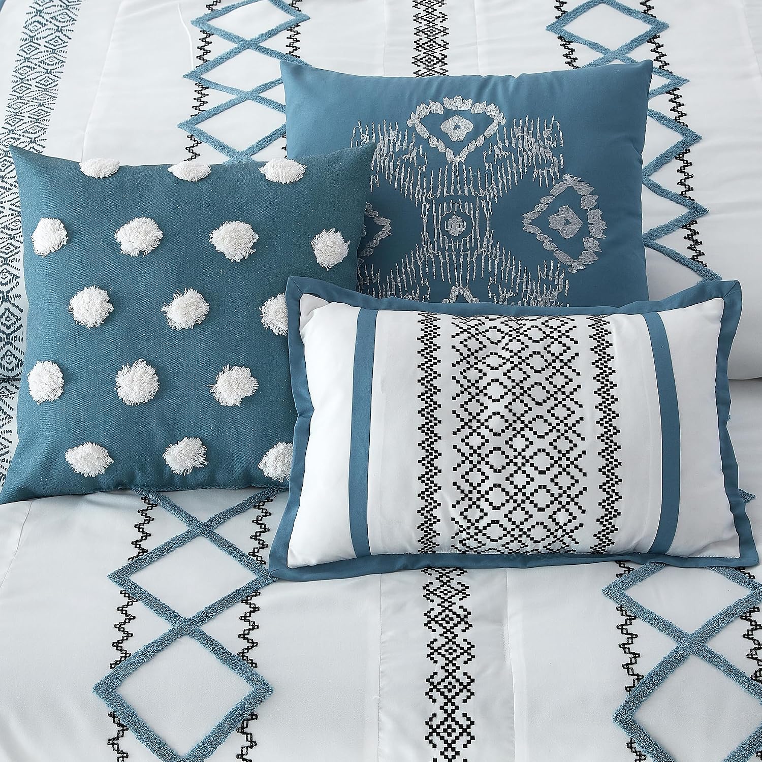 LANCO MODERN LIFESTYLE Blue Queen Comforter Set, 7 Pieces All Season Bedding Sets in a Bag with Geometric Terry Embroidered Comforter, Bed Skirt, Pillow Shams and Decorative Pillows