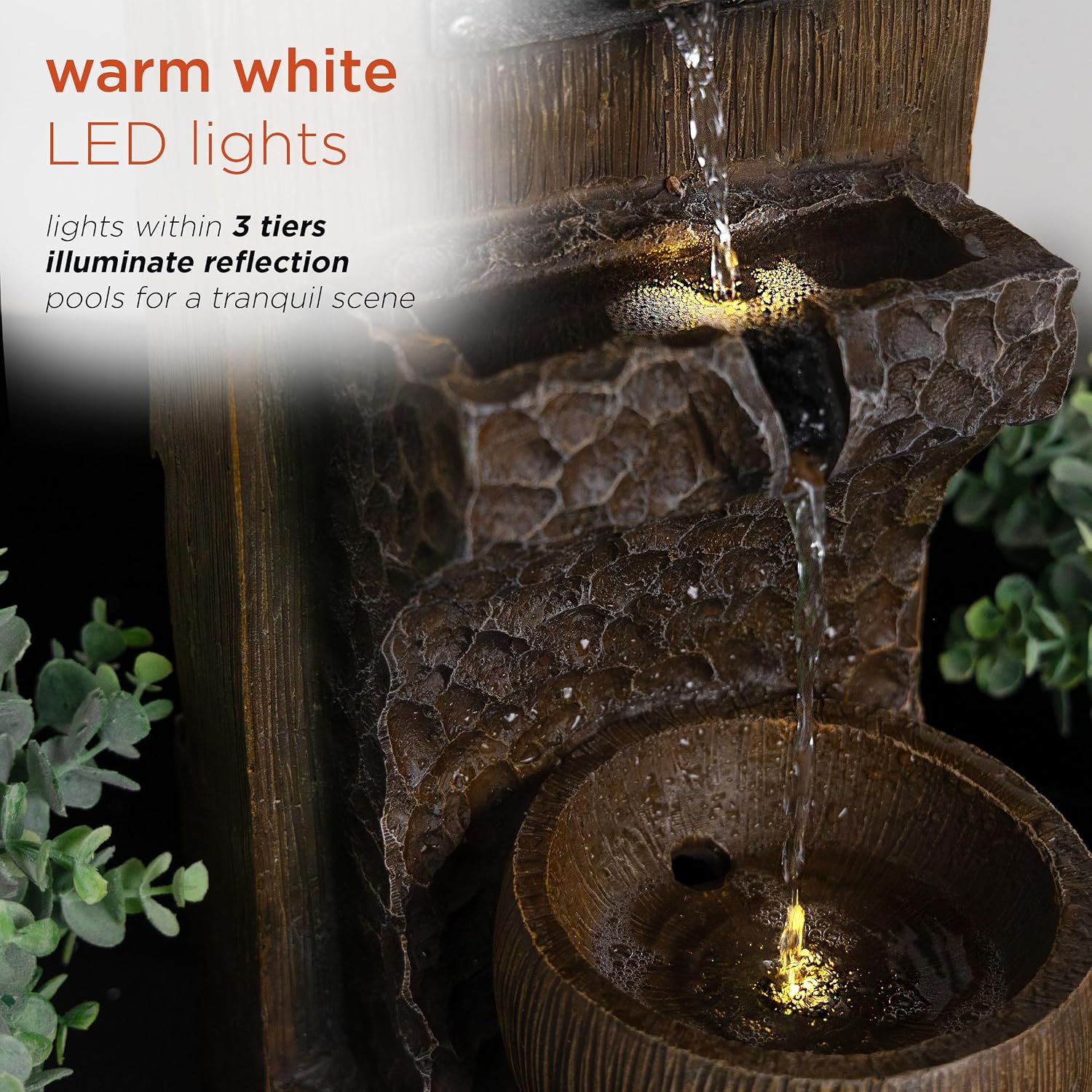 Alpine Corporation ZDQ108 Indoor/Outdoor Floor 3-Tier Fountain with LED Lights, Cascading Garden Water Fountain, 20' H, Brown