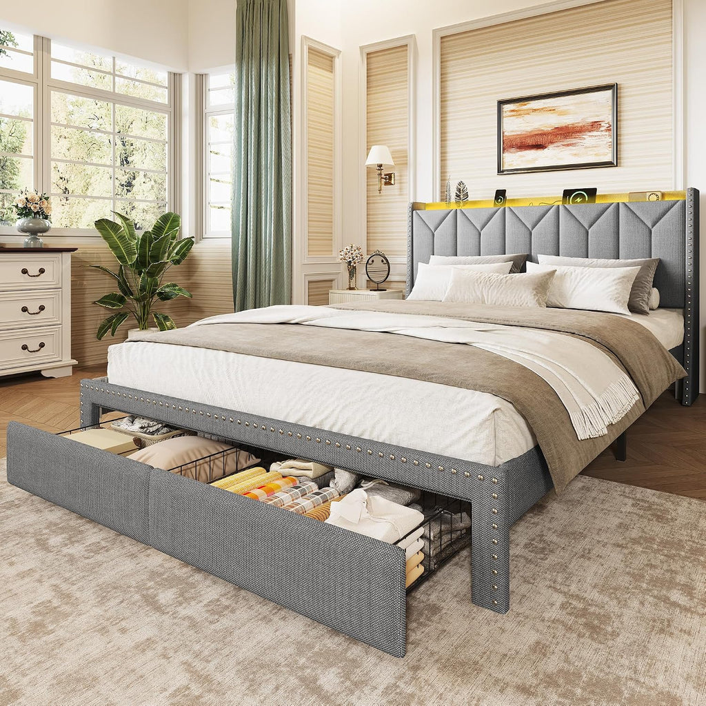 WLIVE Queen Size Upholstered Bed Frame with 2 Drawers, Storage Headboard Platform Bed with Charging Station and LED Light, Sturdy Metal & Wooden Slats Support, No Box Spring Needed, Light Grey