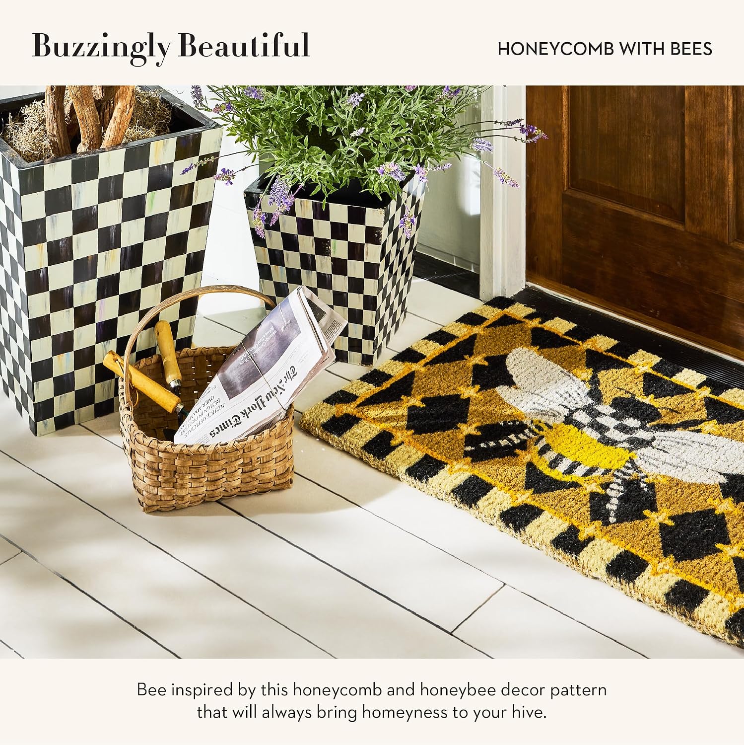 MACKENZIE-CHILDS Entrance Mat, Decorative Outdoor Coir Doormat, Honeycomb with Bees, Black, 24' x 36'