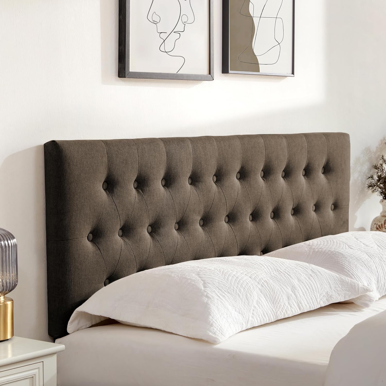 Huatean Home Tufted Upholstered Headboard Queen Size, Solid Wood Head Board with Durable Metal Legs, Adjustable Height Bed headboard from 37' to 51' Fabric Headboard in Button Design, Chocolate