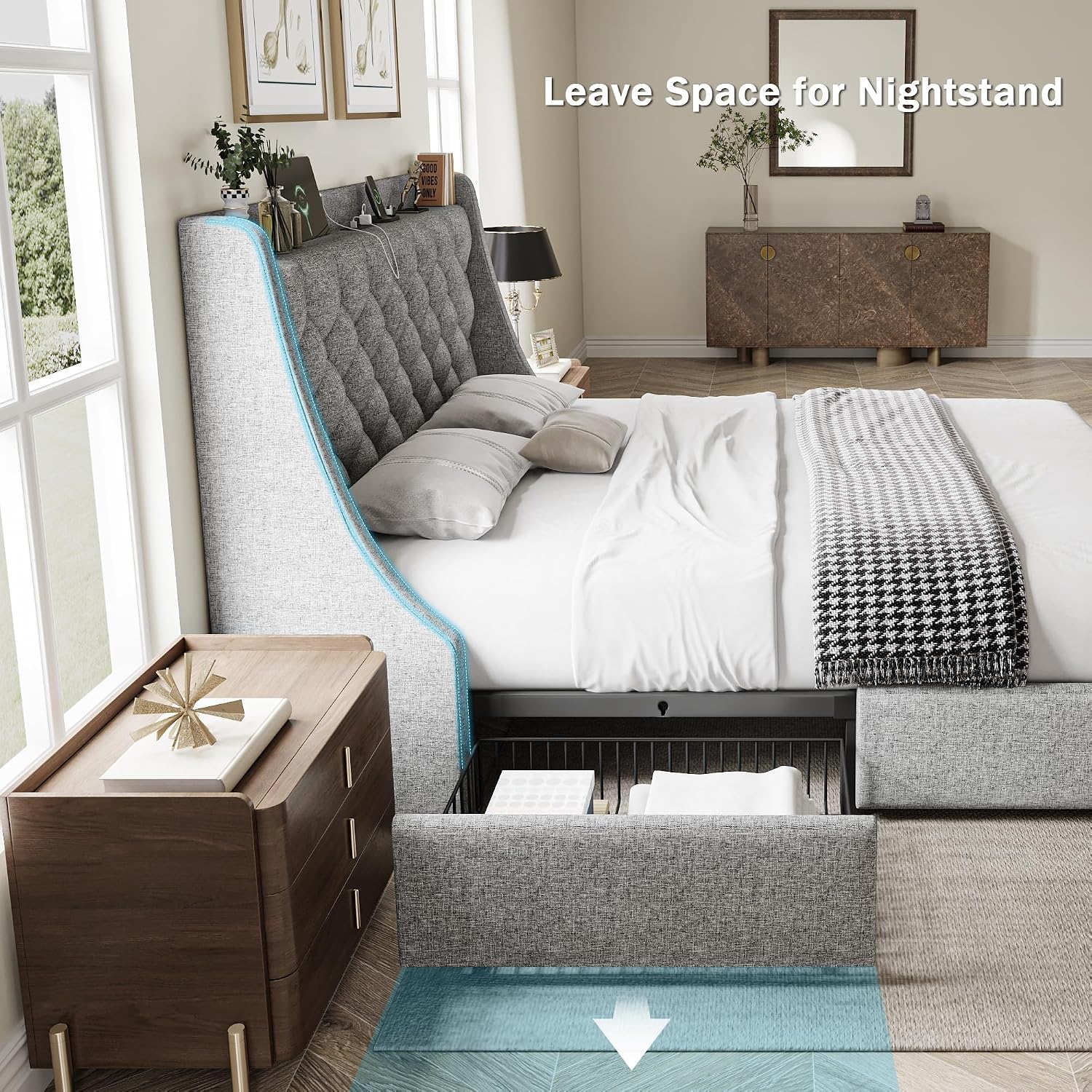 GalnFu Queen Bed Frame with 4 Storage Drawers, Giant Upholstered Wingback Headboard, Fast Charging Station, No Box Spring Needed, Noise-Free, Light Gray