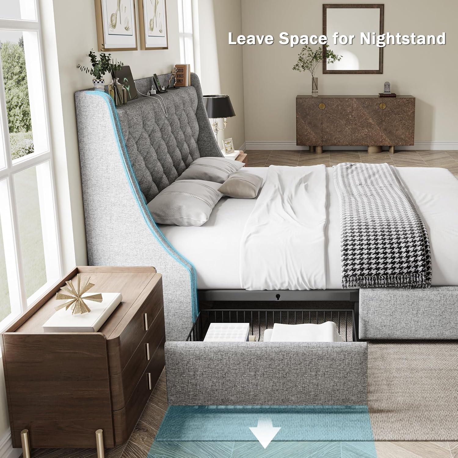 GalnFu Full Size Bed Frame with 4 Storage Drawers, Giant Upholstered Wingback Headboard, Fast Charging Station, No Box Spring Needed, Noise-Free, Light Gray