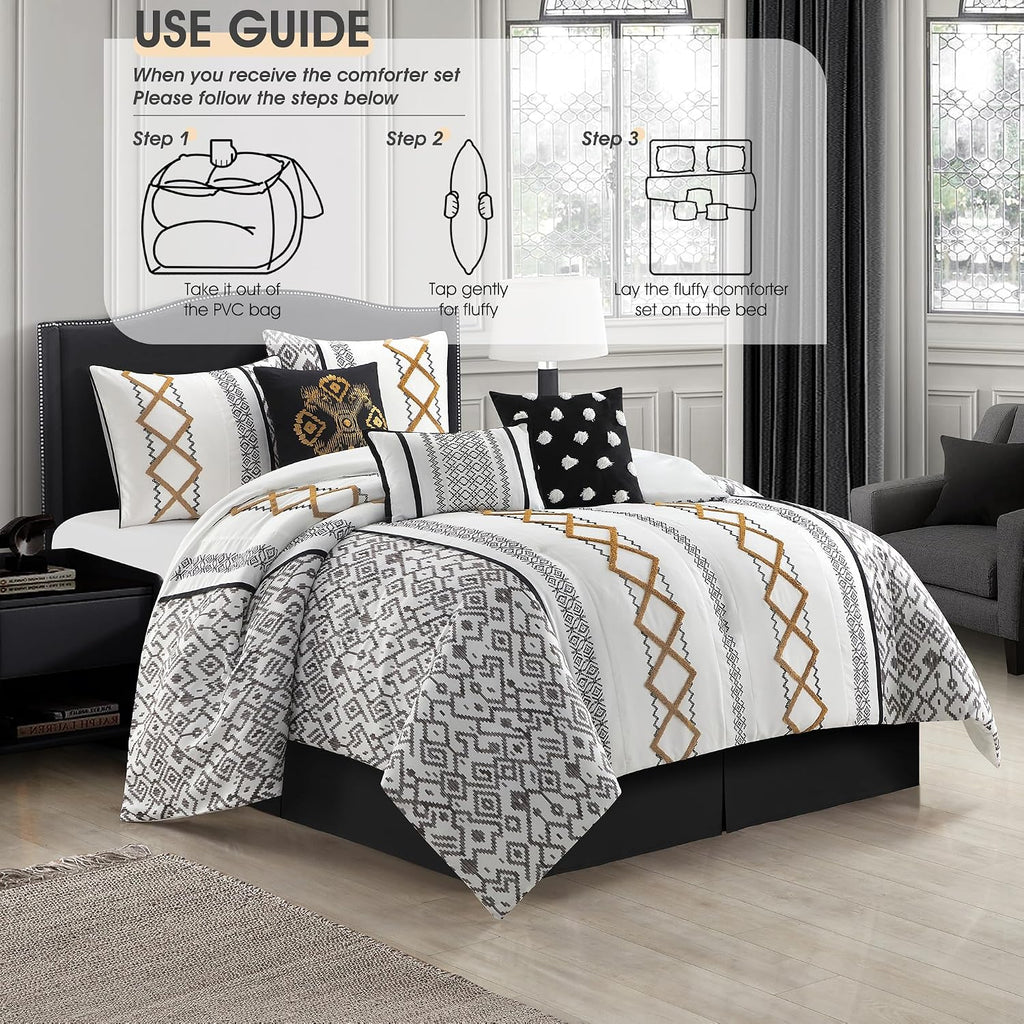 LANCO MODERN LIFESTYLE Black Gold Queen Comforter Set, 7 Pieces All Season Bedding Sets in a Bag with Geometric Terry Embroidered Comforter, Bed Skirt, Pillow Shams and Decorative Pillows