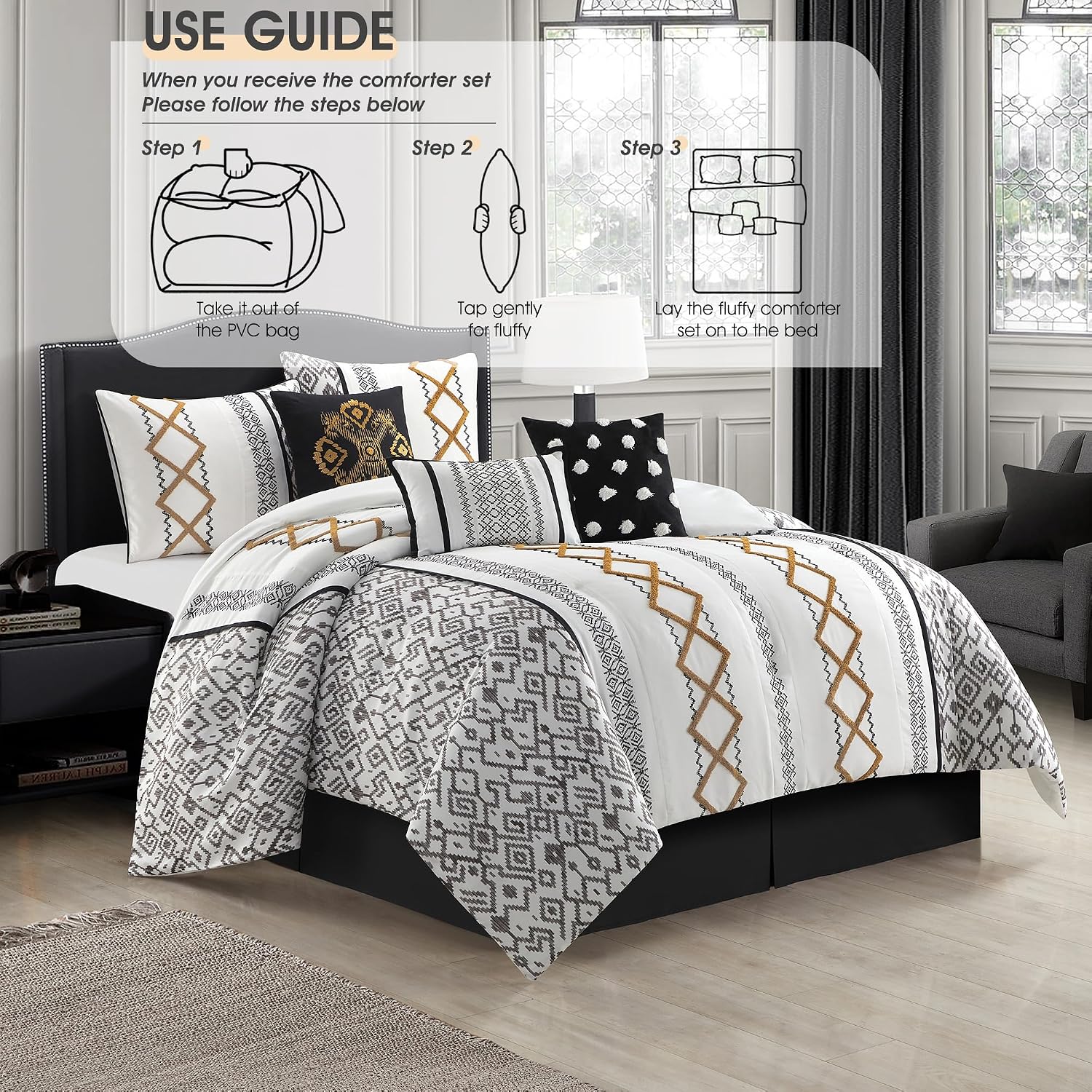 LANCO MODERN LIFESTYLE Black Gold Queen Comforter Set, 7 Pieces All Season Bedding Sets in a Bag with Geometric Terry Embroidered Comforter, Bed Skirt, Pillow Shams and Decorative Pillows