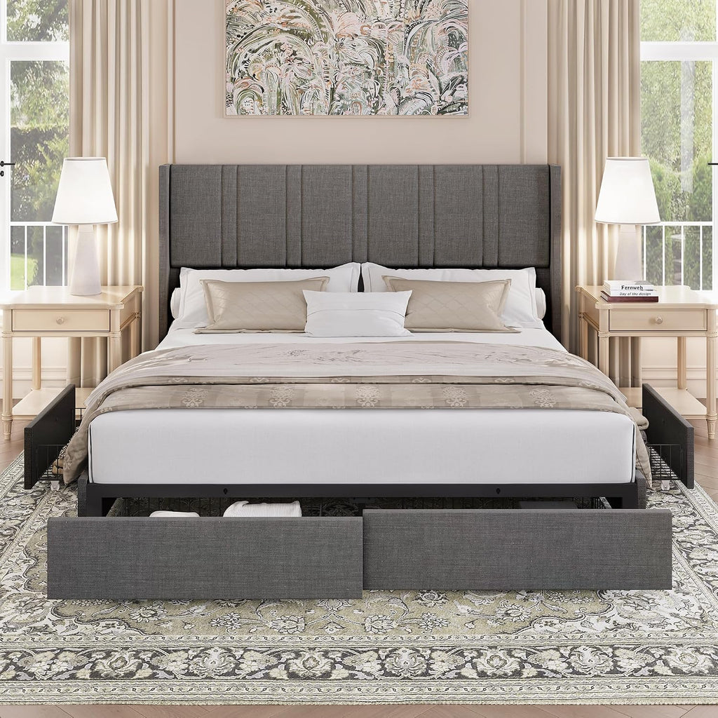 BRELTAM Queen Size Bed Frame with 4 Storage Drawers Linen Upholstered Platform Bed with Wingback Headboard, No Box Spring Needed, Easy Assembly, Light Grey