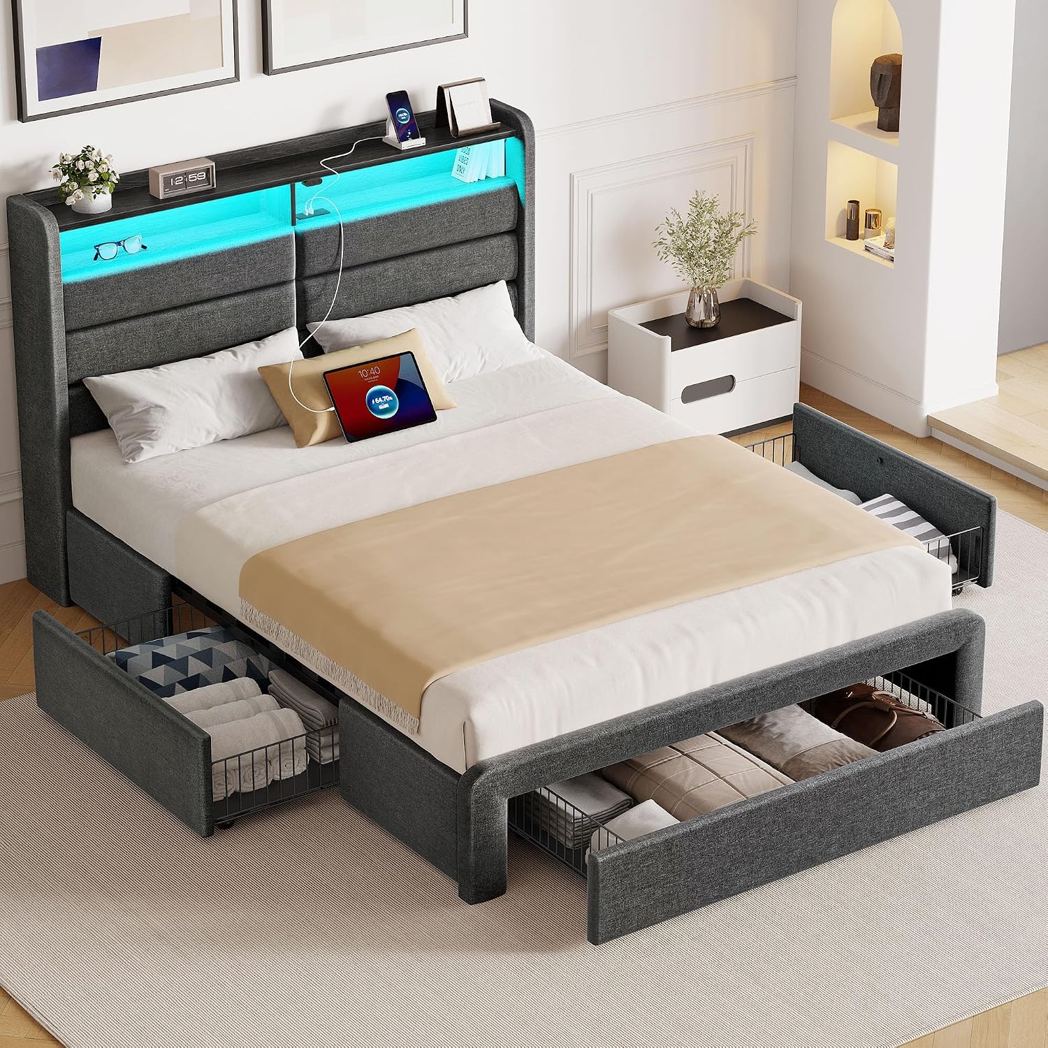 Seventable Twin Size Bed Frame with 3 Storage Drawers & Charging Station, Upholstered Platform Bed with Storage Headboard and LED Light, No Box Spring Needed, Noise Free, Easy Assembly, Dark Grey