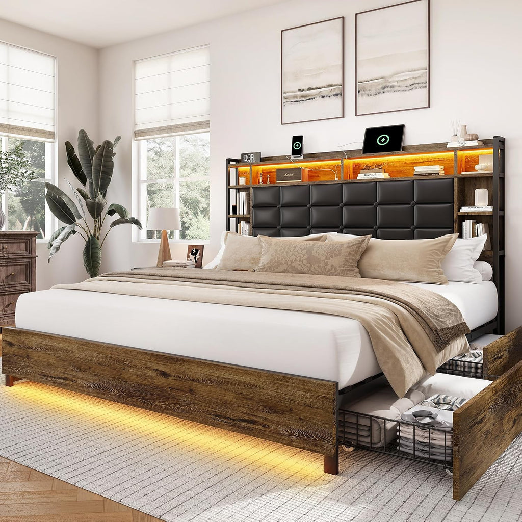 LARMACE Queen Size Bed Frame with 4 Storage Drawers and Bookcase Headboard, Faux Leather Upholstered, Wooden Platform Bed Frame with Charging Station and LED Lights, No Box Spring Needed, Brown