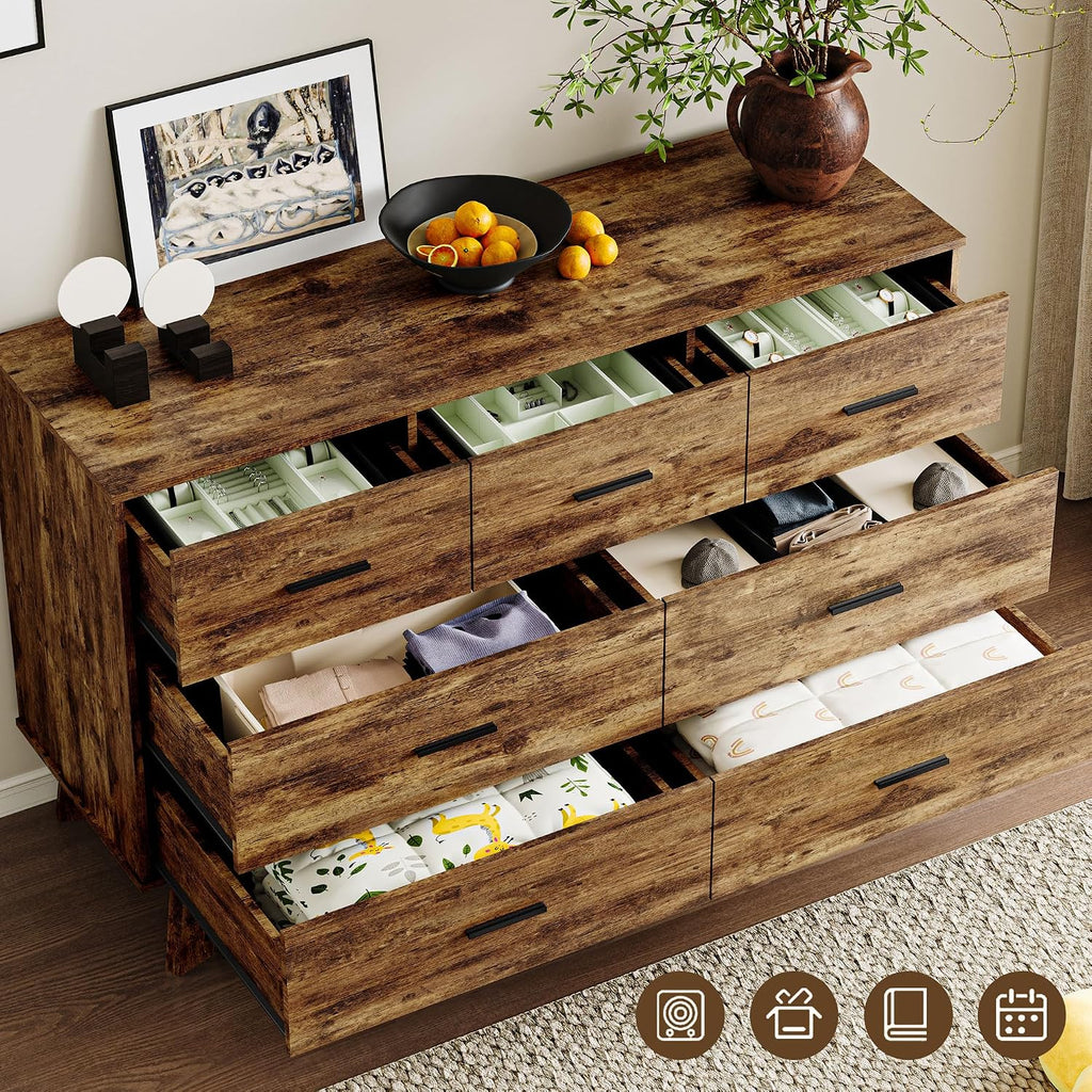 BORNOON Dresser for Bedroom with 7-Drawer, 47.2' Wide Modern Chest of Drawers with Metal Handles, X-Shape Base & Adjustable Center Leg, Anti-Tip Closet Organizers and Storage