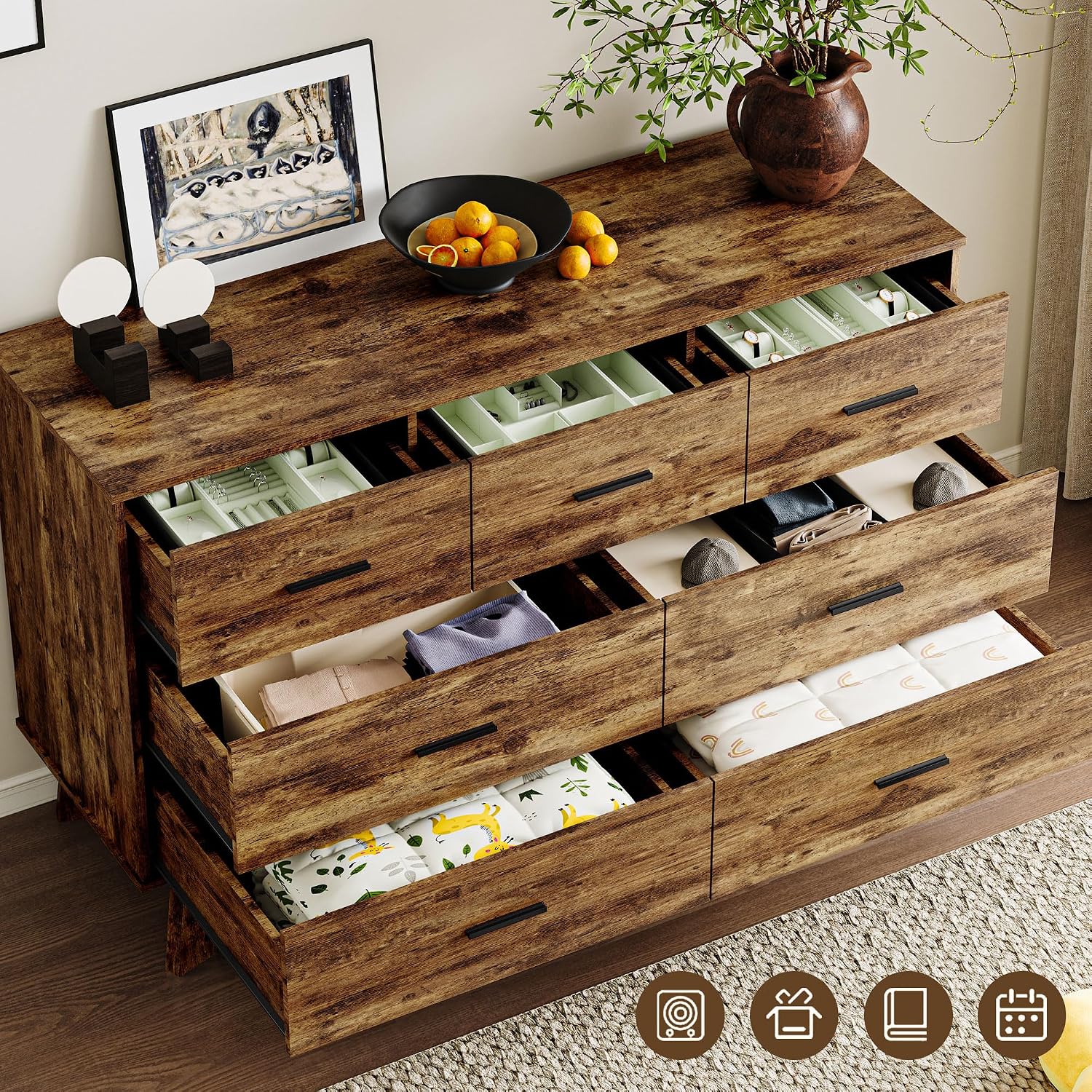 BORNOON Dresser for Bedroom with 7-Drawer, 47.2' Wide Modern Chest of Drawers with Metal Handles, X-Shape Base & Adjustable Center Leg, Anti-Tip Closet Organizers and Storage