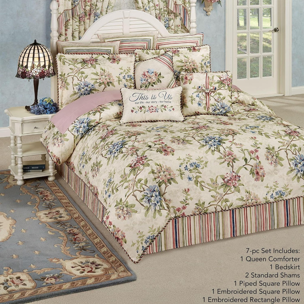 Chatsworth Cottage Country Polyester Jacquard Woven Bedding | Classic Traditional Flower Stripe Floral | Cream Ivory Rose Sage Blue Latte | 7 Pc Set Queen Comforter, Bedskirt, 2 Shams, 3 Pillows