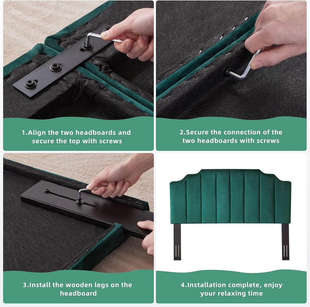 Huatean Home Velvet Upholstered Headboard Queen, Tufted Headboard, Elegantly Curved Queen headboard only,Soft Padded headboards, Modern Vertical Channel Design Head Board, Dark Green
