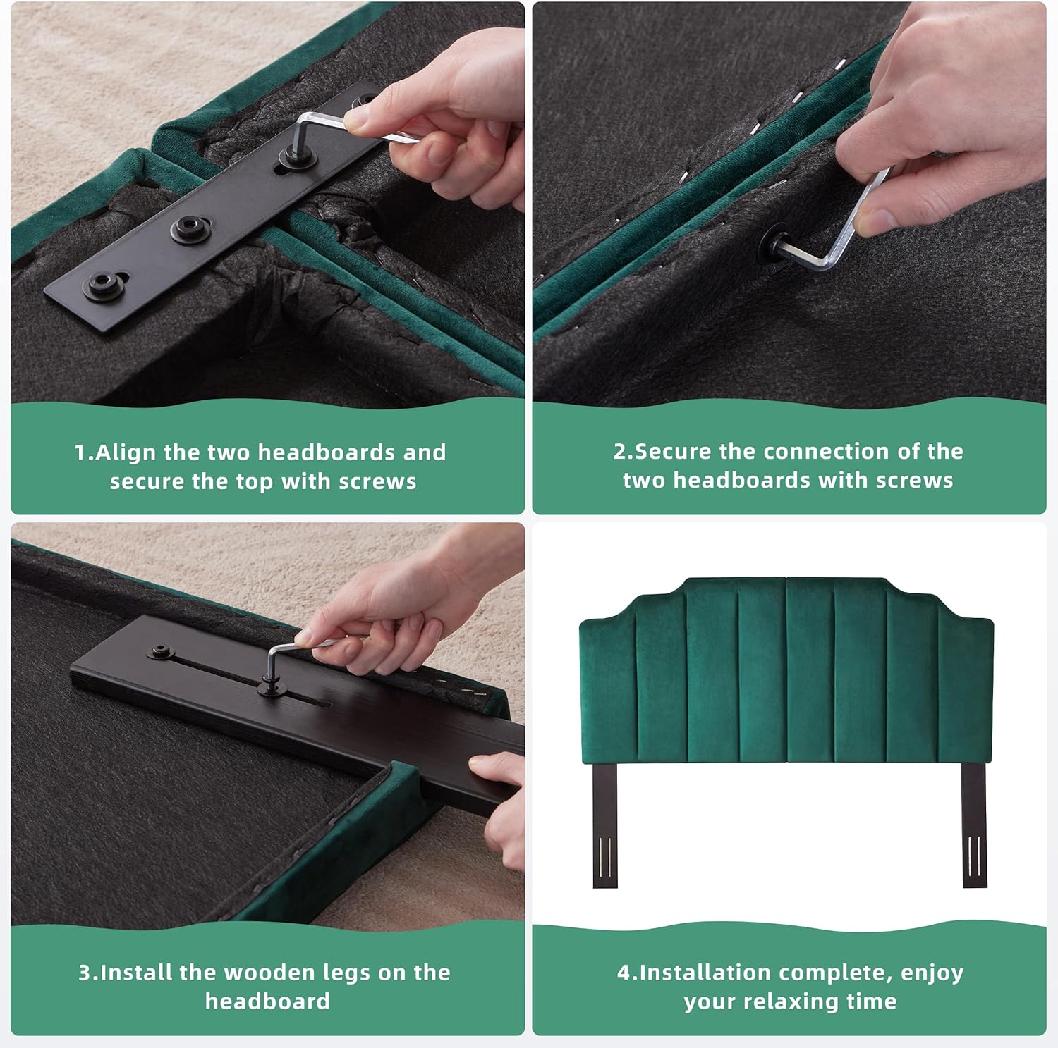 Huatean Home Velvet Upholstered Headboard Queen, Tufted Headboard, Elegantly Curved Queen headboard only,Soft Padded headboards, Modern Vertical Channel Design Head Board, Dark Green