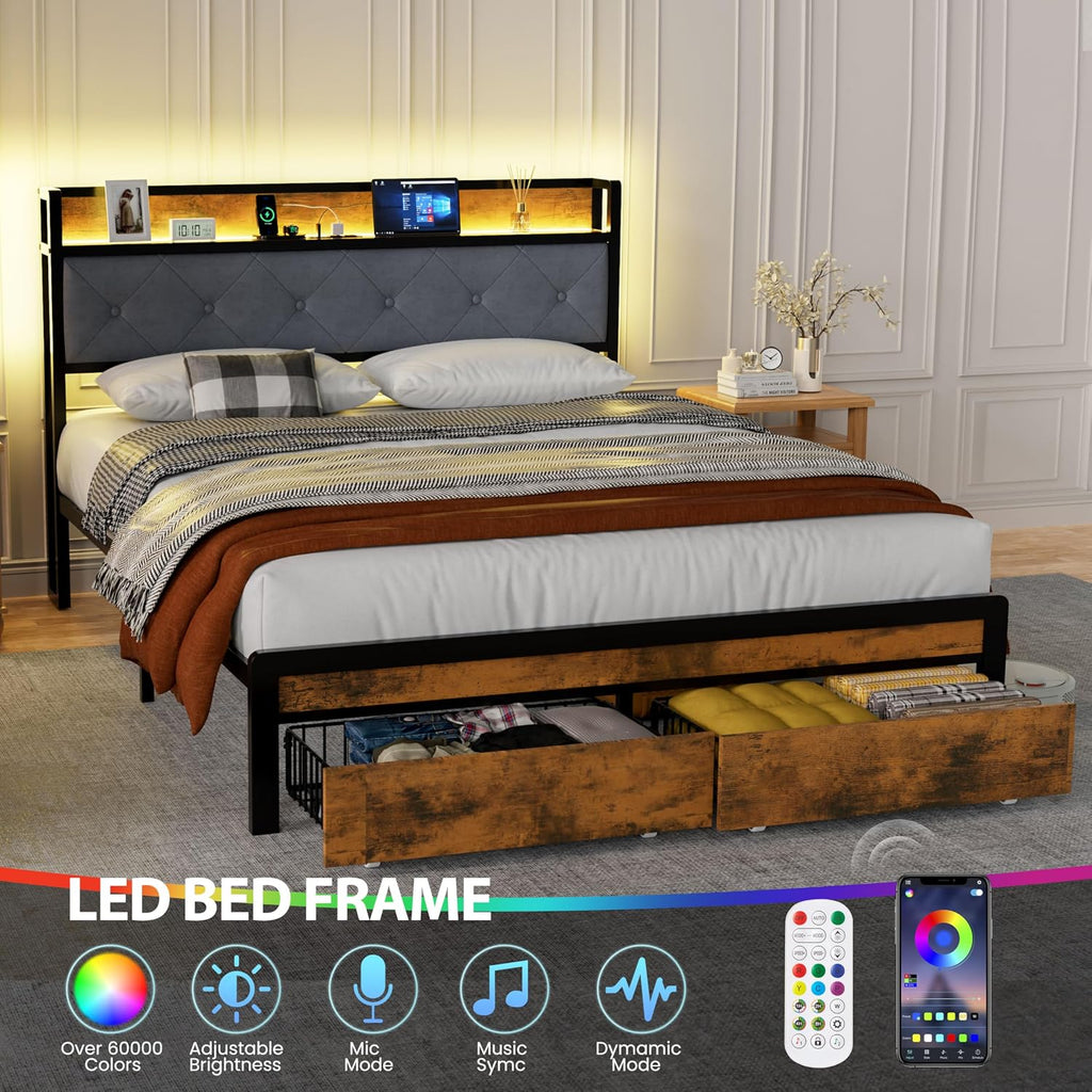 Queen Size Bed Frame with 2 Storage Drawers and LED Lights, Upholstered Headboard with Storage Shelf and Charging Station, Metal Platform Bed Frame Queen Size, Noise Free, No Box Spring Needed