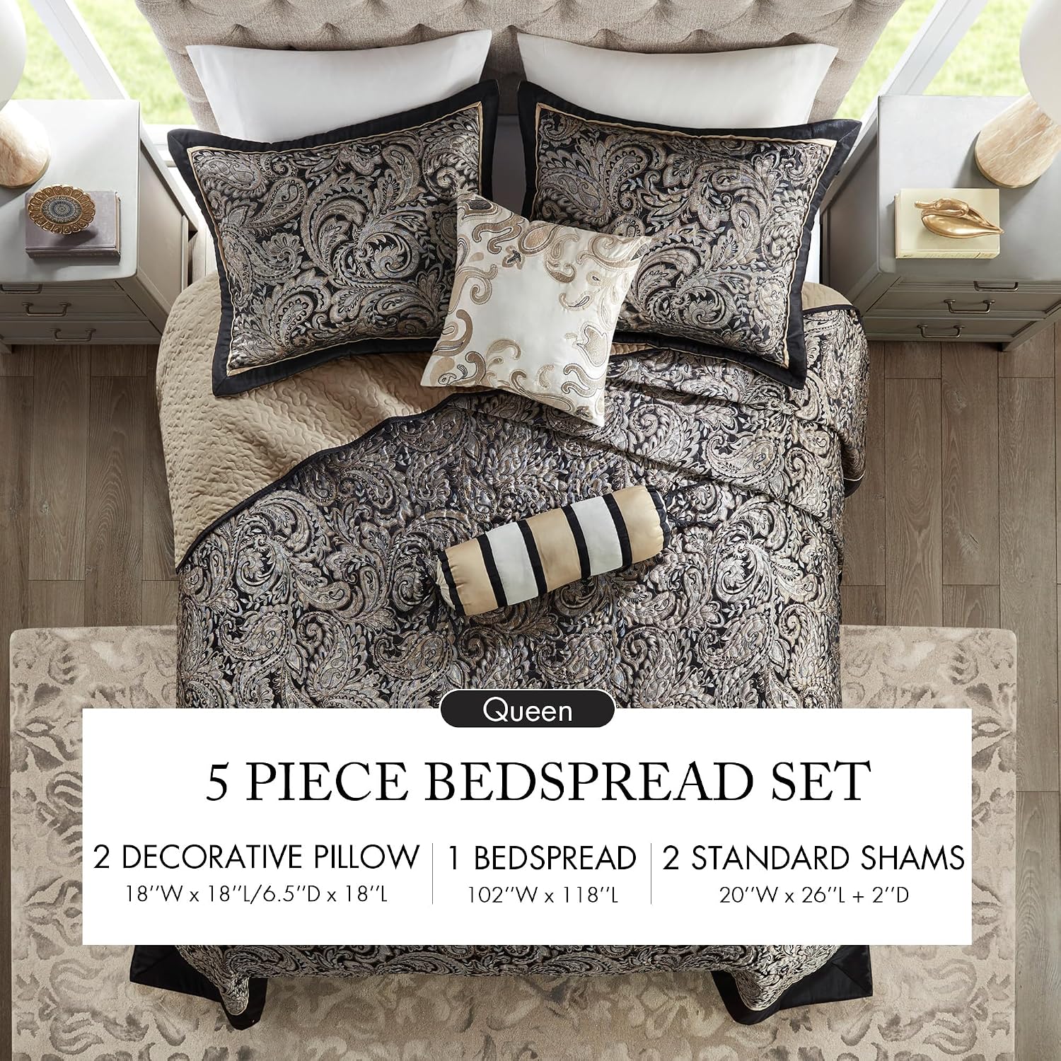 Madison Park Aubrey Reversible Quilted Bedspread Set, Solid Reverse Summer Breathable, Lightweight All Season Bedding Layer, Matching Shams, Bedspread Queen(102'x118'), Black 5 Piece