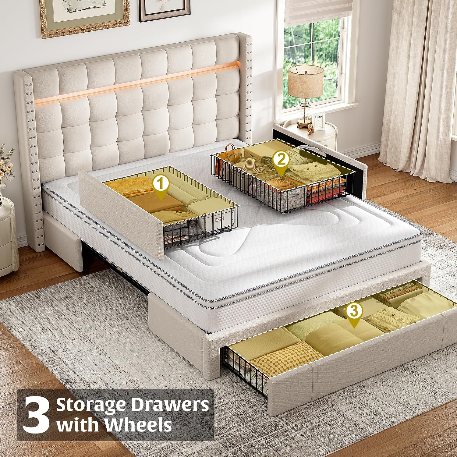 EnHomee Full Bed Frame with Adjustable Headboard &3 Storage Drawers,Upholstered Bed Frame Full Size with LED Light,No Box Spring Needed,Noise Free,Easy Assembly,Beige