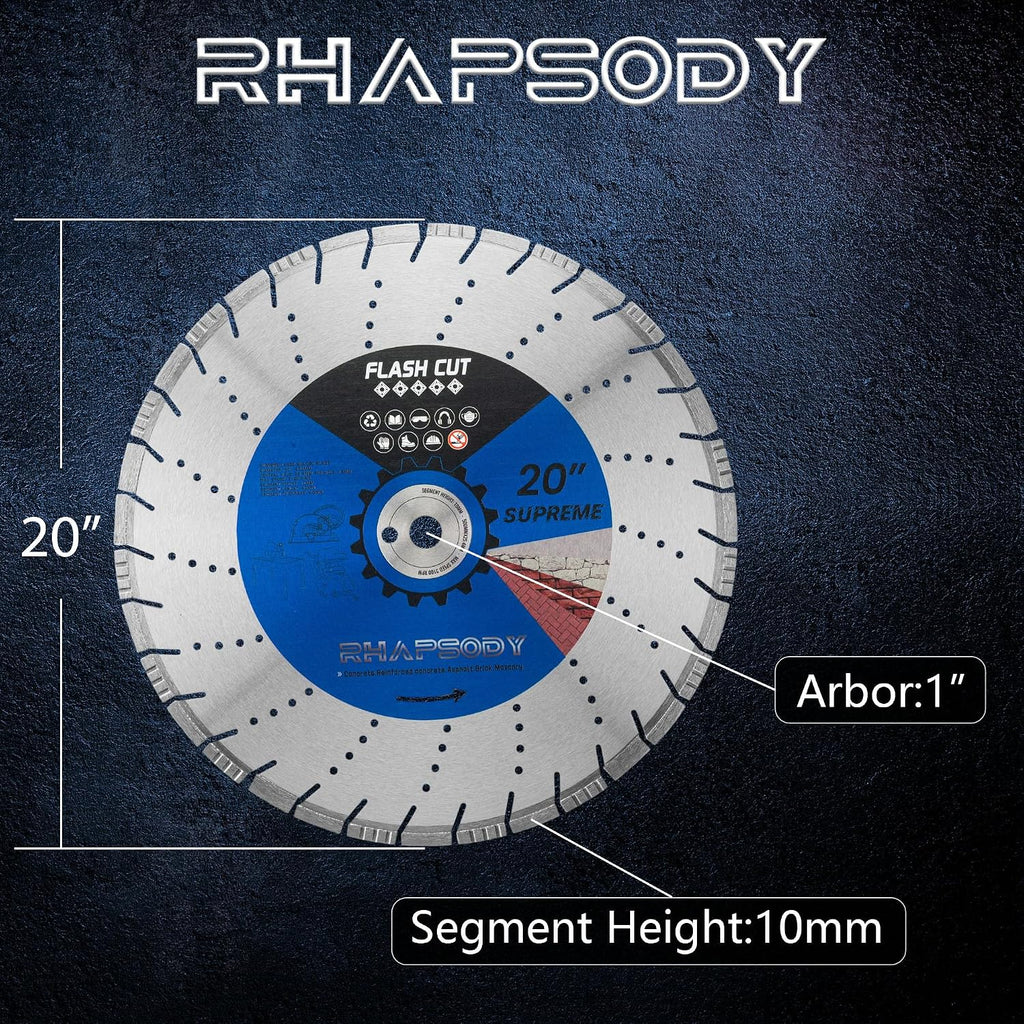 RHAPSODY 20 Inch Laser Welded Diamond Saw Blade, Segmented Supreme Diamond Blade All Purpose Dry/Wet Cutting Hard/Reinforced Concrete, Asphalt, Masonry,1' Arbor