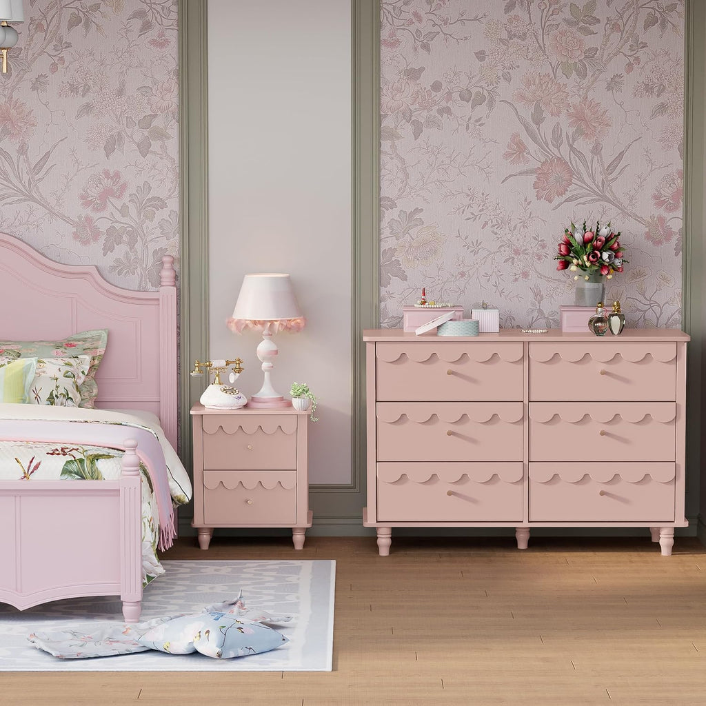 Anbuy Bedroom Sets Scalloped 6 Drawer Dresser and Night Stand Sets for Bedroom, Two Drawers Nightstand & 6 Drawer Dresser Combo 2 Pieces (Pink)