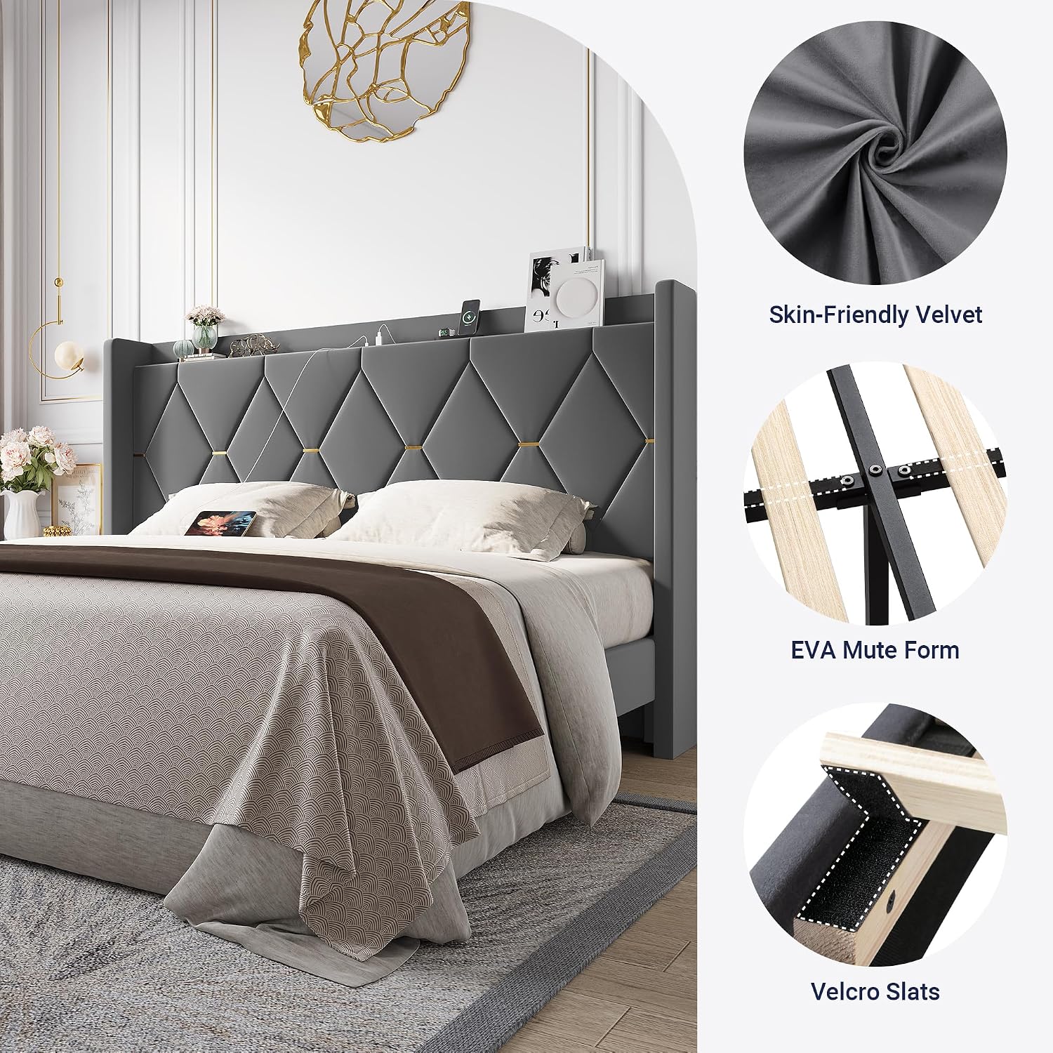 Allewie Velvet King Size Upholstered Bed Frame with Wingback Storage Headboard & Charging Station, Platform Bed with Diamond Tufted Design & Gold Trim, No Box Spring Needed, Easy Assembly, Grey
