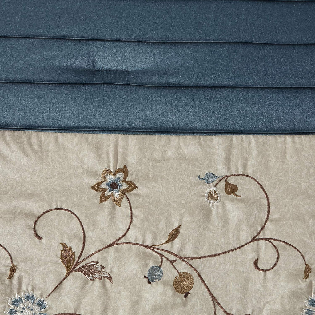 Madison Park Serene Faux Silk Comforter Set - Floral Embroidery Design, All Season Bedding Set, Matching Bed Skirt, Decorative Pillows, Navy Cal King(104'x92') 7 Piece