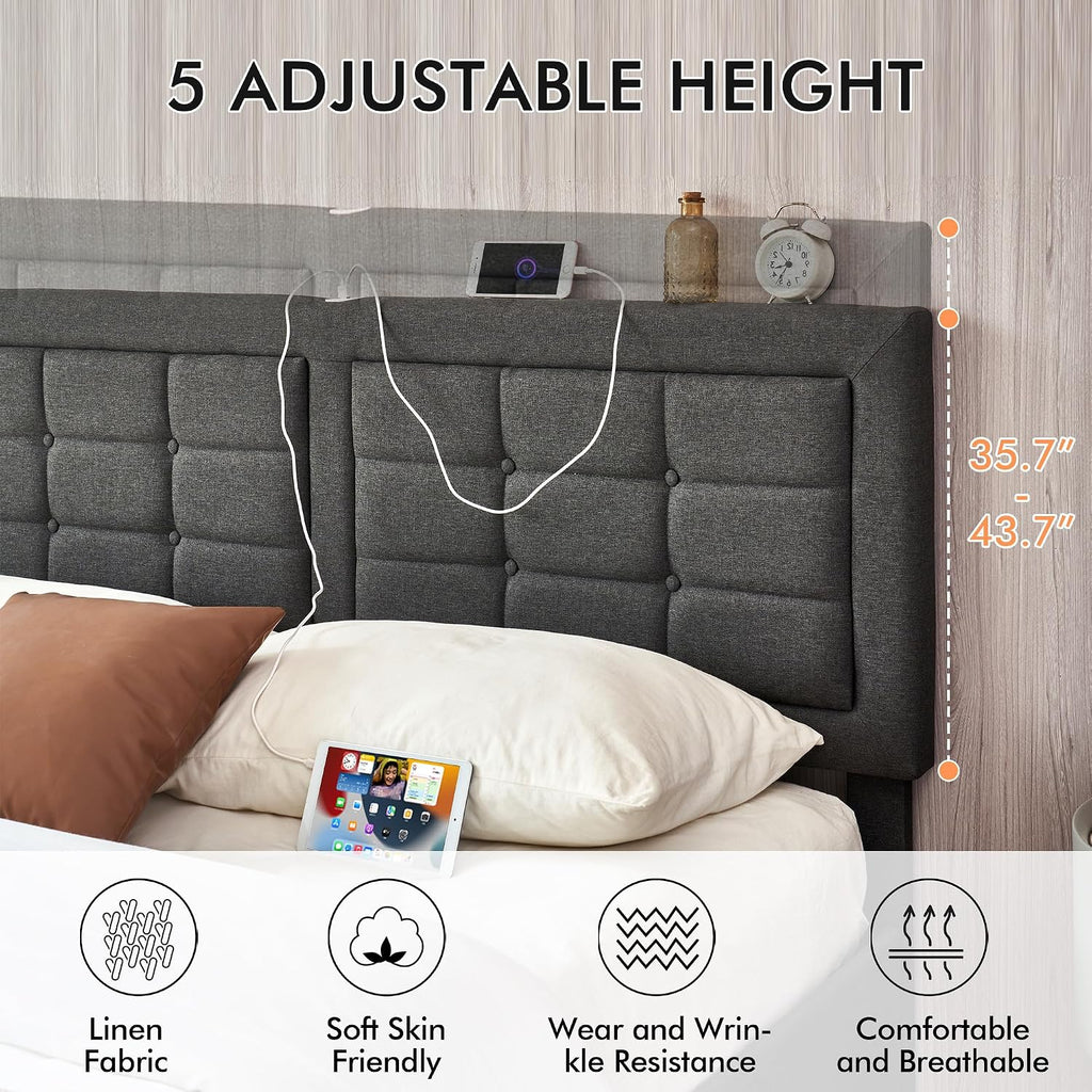 VECELO Full Size Bed Frame with 4 Drawers, Adjustable Tufted Button Headboard, Upholstered Platform with Wood Slats Support, Built-in USB and Type C Ports, Dark Gray