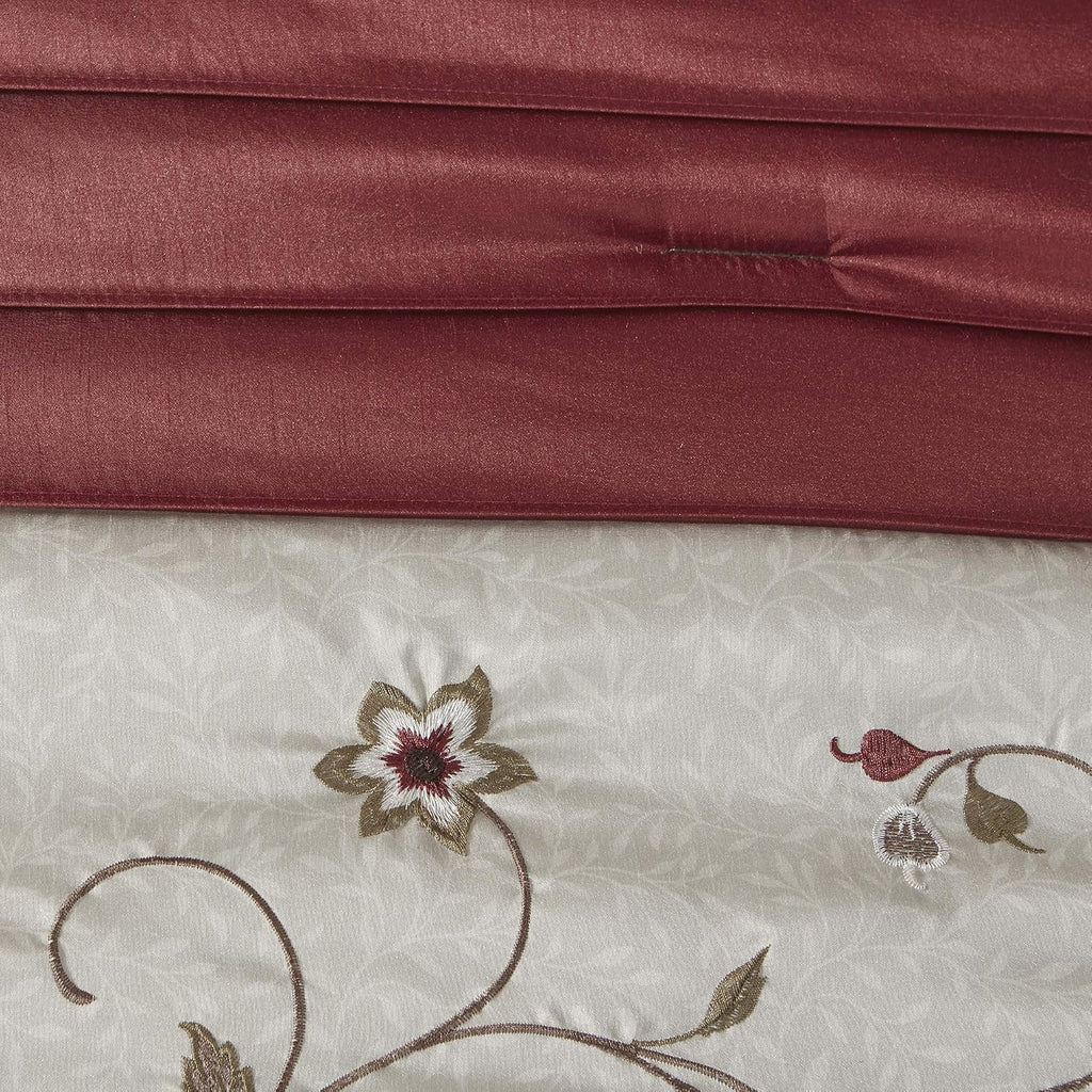 Madison Park Serene Faux Silk Comforter Set - Floral Embroidery Design, All Season Bedding Set, Matching Bed Skirt, Decorative Pillows, Red Cal King(104'x92') 7 Piece
