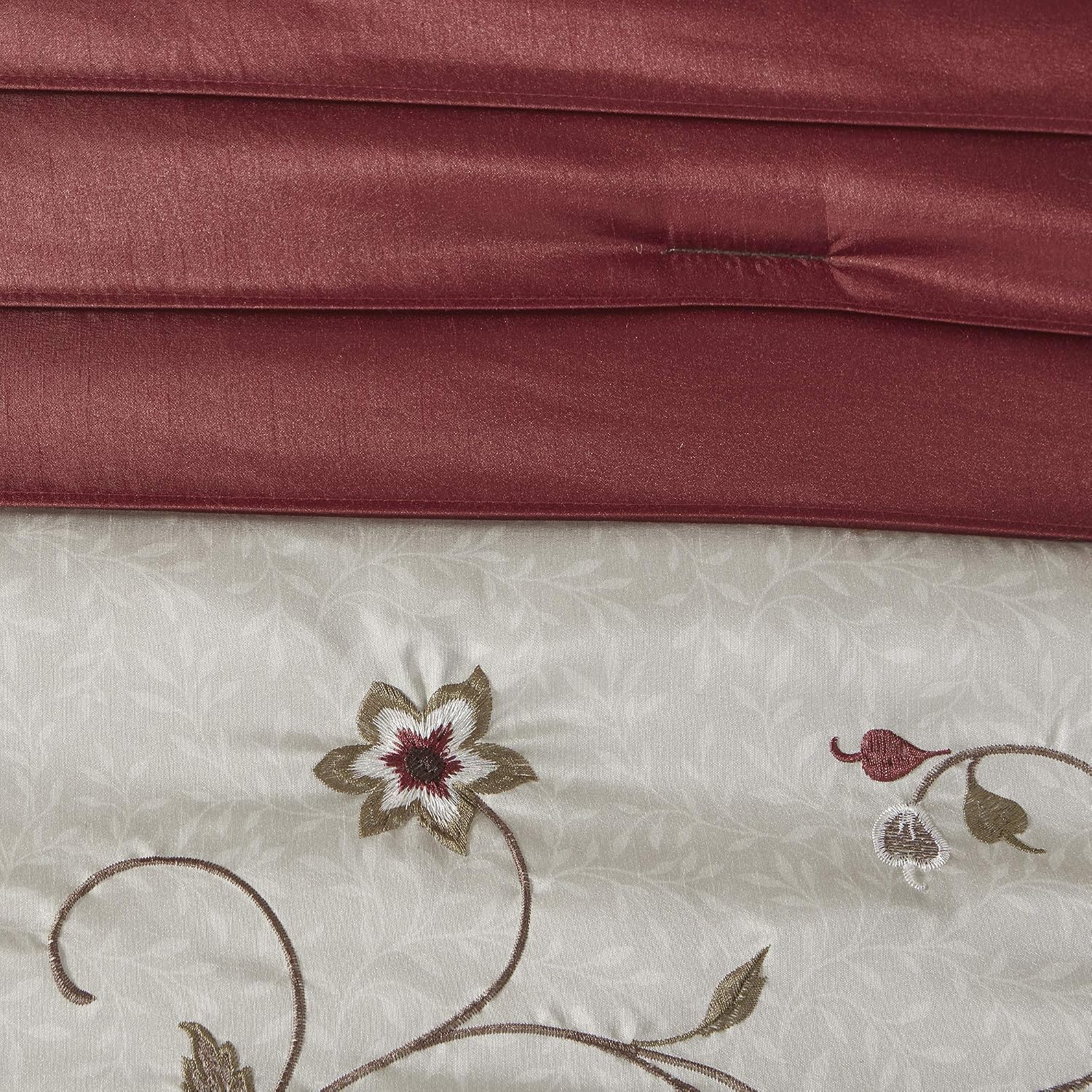 Madison Park Serene Faux Silk Comforter Set - Floral Embroidery Design, All Season Bedding Set, Matching Bed Skirt, Decorative Pillows, Red Cal King(104'x92') 7 Piece