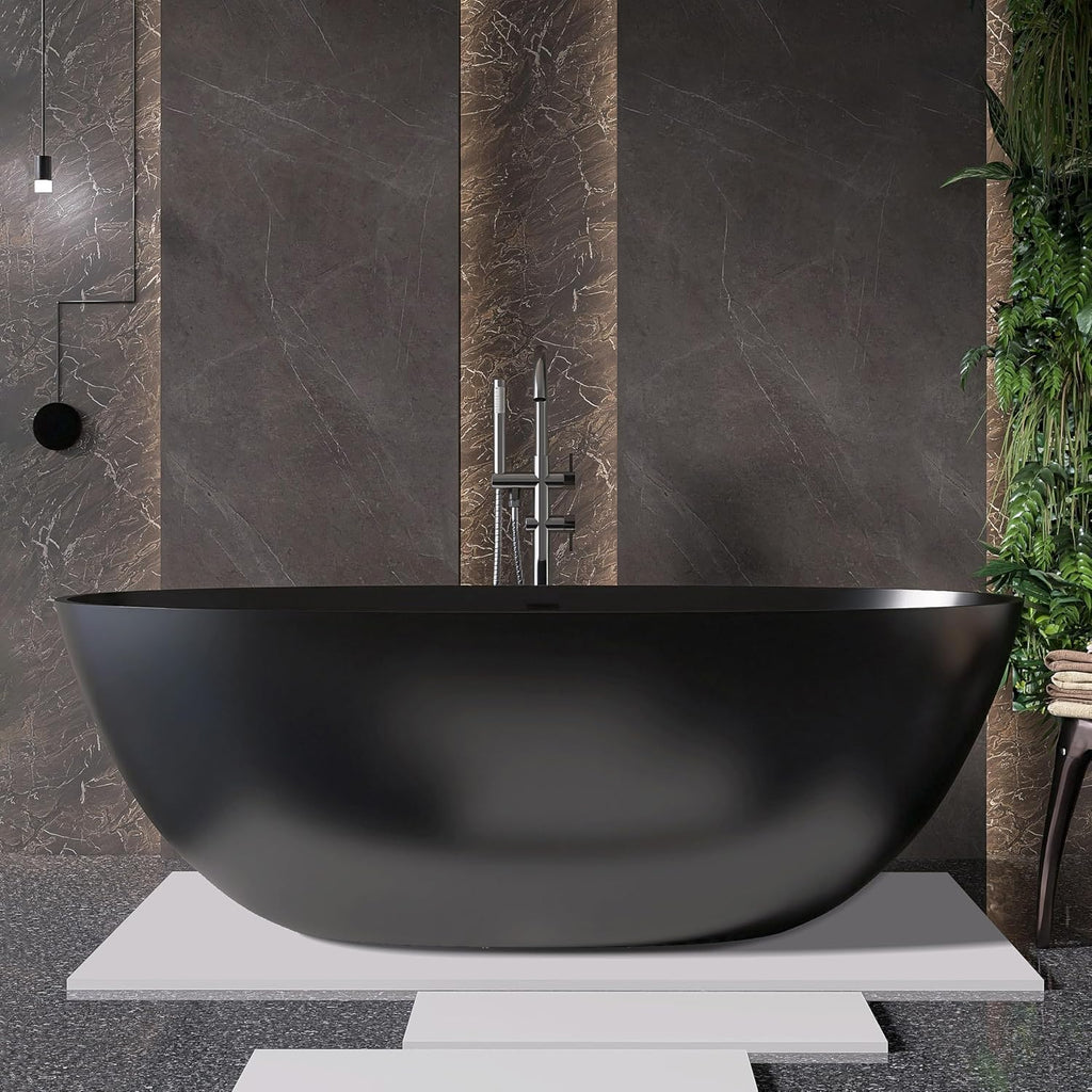65'' Black Bathtub,Stone Resin Solid Surface Freestanding Bathtub, Modern Elegant Design Soaking Stand Alone Tub, Matte Black, Drain and Overflow Included
