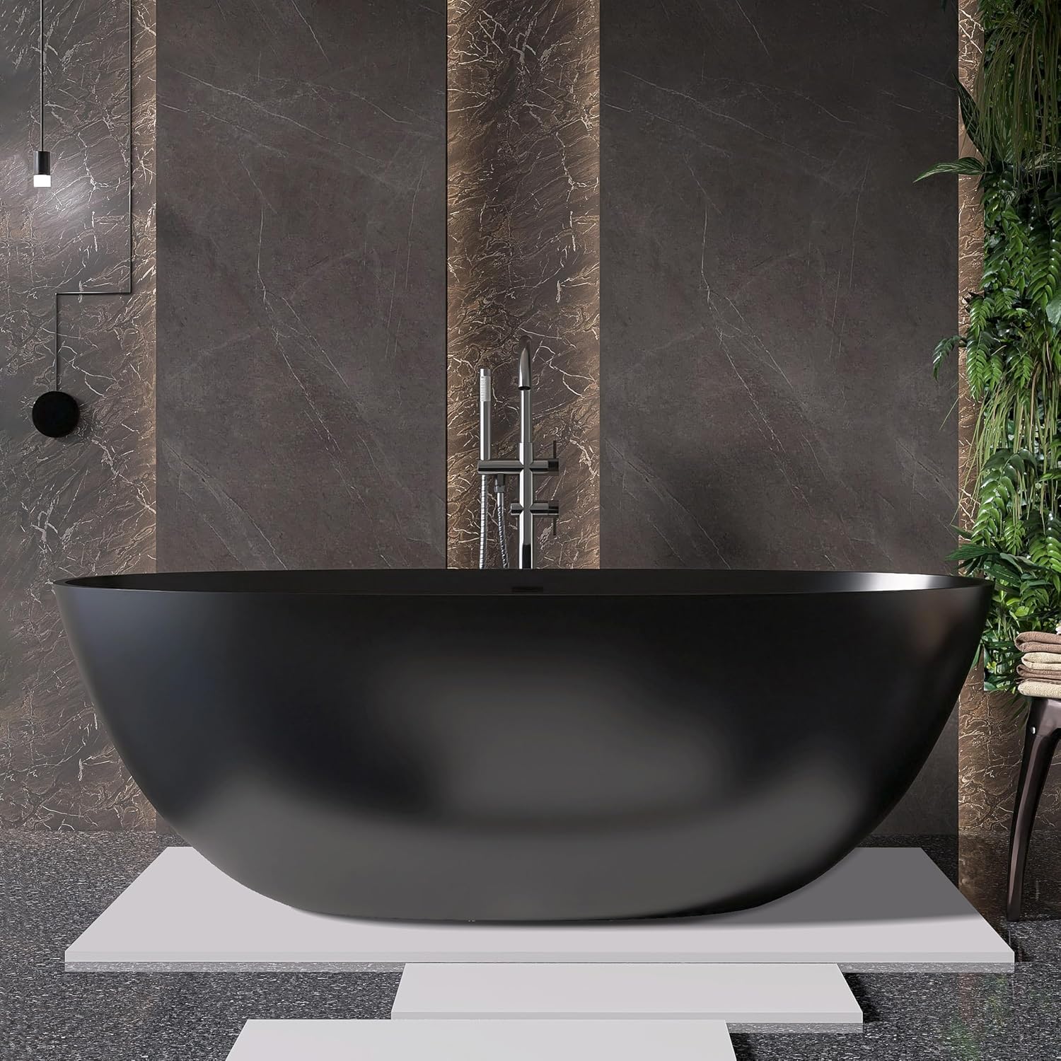 65'' Black Bathtub,Stone Resin Solid Surface Freestanding Bathtub, Modern Elegant Design Soaking Stand Alone Tub, Matte Black, Drain and Overflow Included