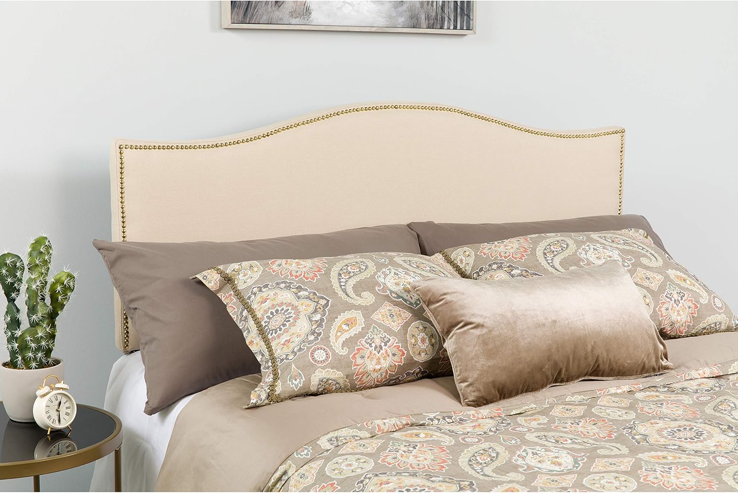 Flash Furniture Lexington Upholstered Full Size Headboard with Accent Nail Trim in Beige Fabric