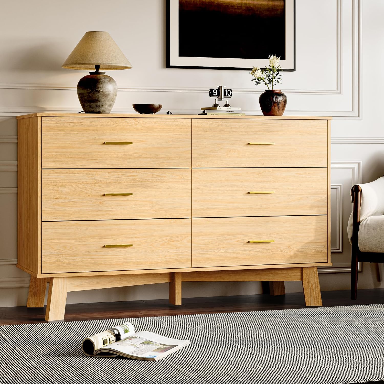 BORNOON Dresser for Bedroom with 6-Drawer, 47.2' Modern Chest of Drawers with Metal Handles, X-Shape Base & Adjustable Center Leg, Anti-Tip Closet Organizers and Storage