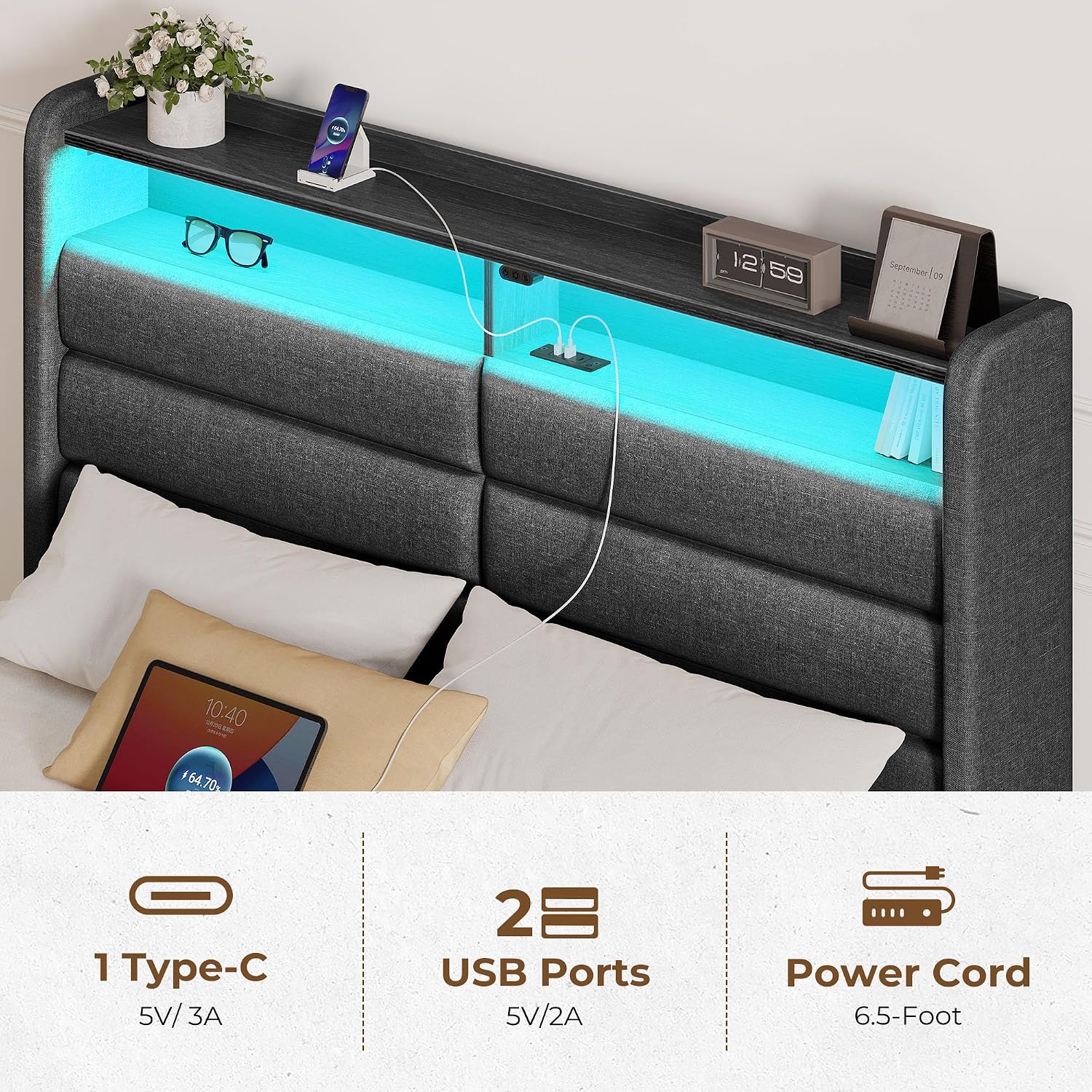Seventable Twin Size Bed Frame with 3 Storage Drawers & Charging Station, Upholstered Platform Bed with Storage Headboard and LED Light, No Box Spring Needed, Noise Free, Easy Assembly, Dark Grey