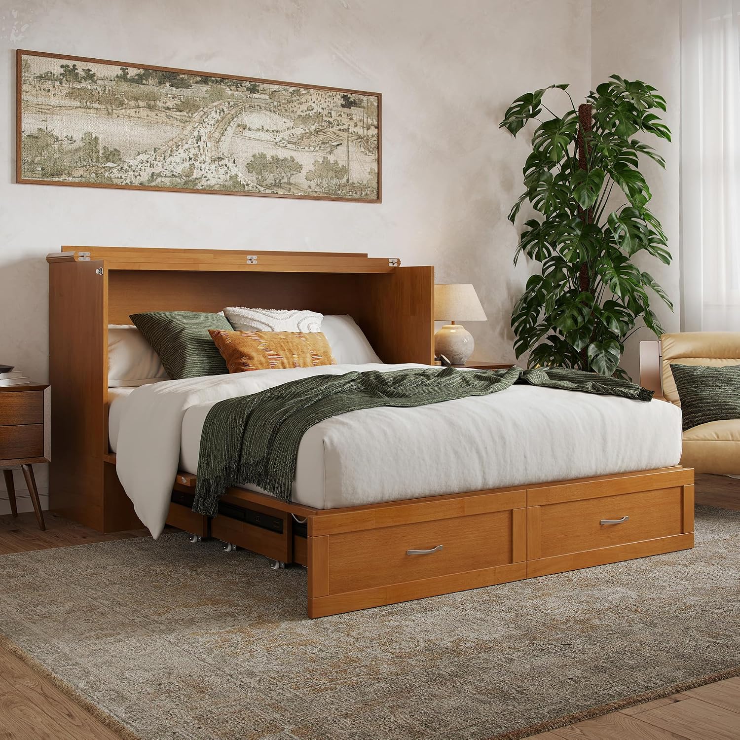 AFI Hamilton Queen Murphy Bed Chest with Mattress, Storage, and Built-in Charger in Light Toffee