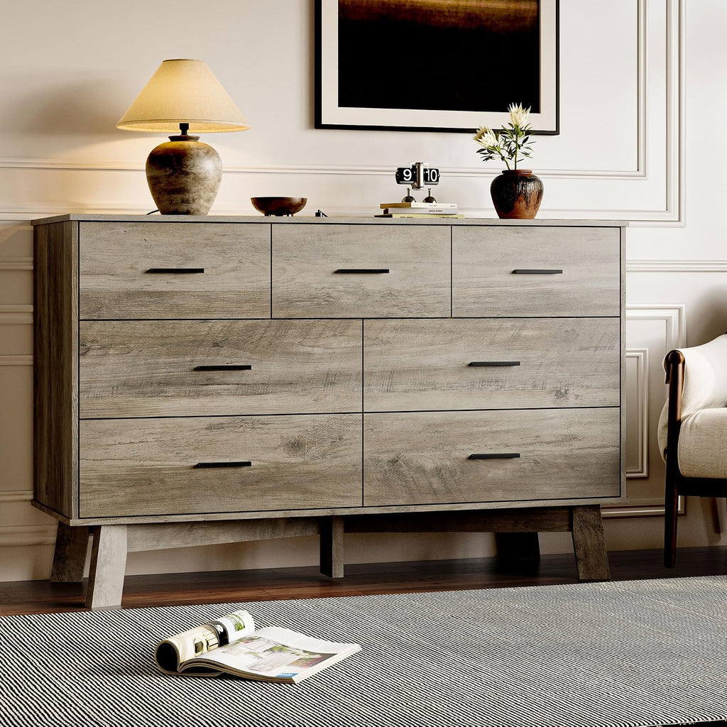 BORNOON Dresser for Bedroom with 7-Drawer, 47.2' Wide Modern Chest of Drawers with Metal Handles, X-Shape Base & Adjustable Center Leg, Anti-Tip Closet Organizers and Storage