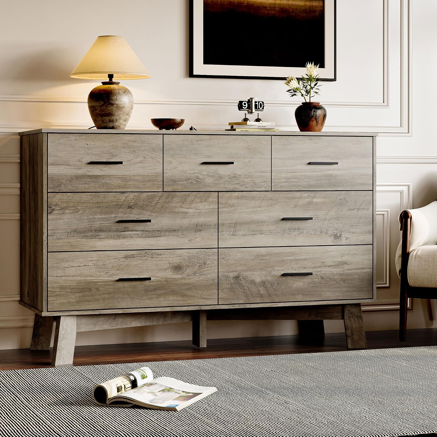 BORNOON Dresser for Bedroom with 7-Drawer, 47.2' Wide Modern Chest of Drawers with Metal Handles, X-Shape Base & Adjustable Center Leg, Anti-Tip Closet Organizers and Storage