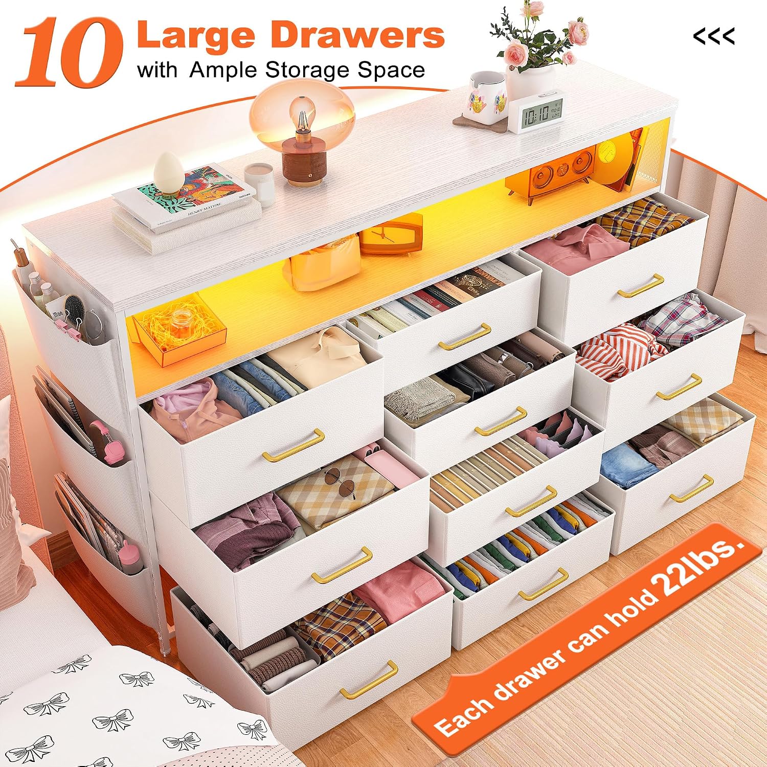 1EnHomee Dresser for Bedroom with 10 Drawers, 55' TV Stands with LED Lights & Power Outlets, Dressers with Shelves & Side Pockets, Hooks for Hallway,White