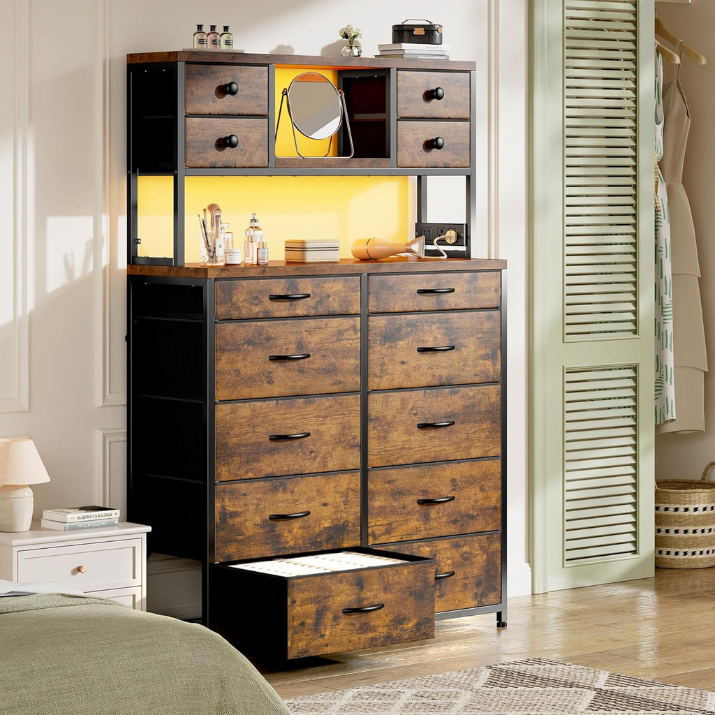 EnHomee 62.8' H Dresser for Bedroom with Multiple Drawers,Fabric Dresser with Charging Station and LED Lights,Dressers & Chests of Drawers for Bedroom, Steel Frame & Wooden Top,Rustic Brown
