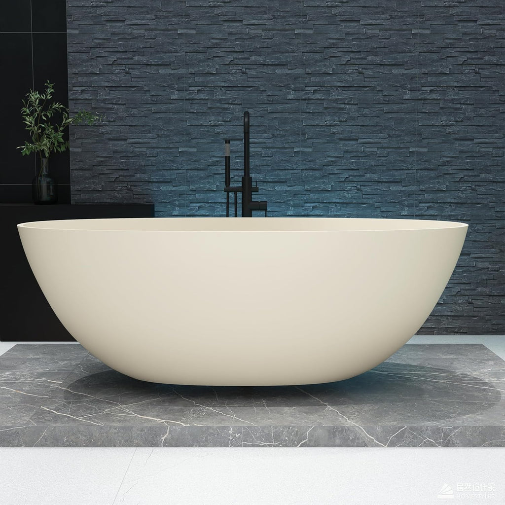 65'' Soaking Bathtub Stone Resin Freestanding Bathtub, Modern Bathtub Deep Soaking Bathtub with Overflow and Pop-up Drain BBFS303-1650 milk-coffee
