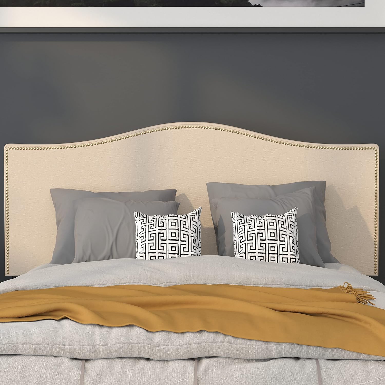 Flash Furniture Lexington Upholstered Full Size Headboard with Accent Nail Trim in Beige Fabric