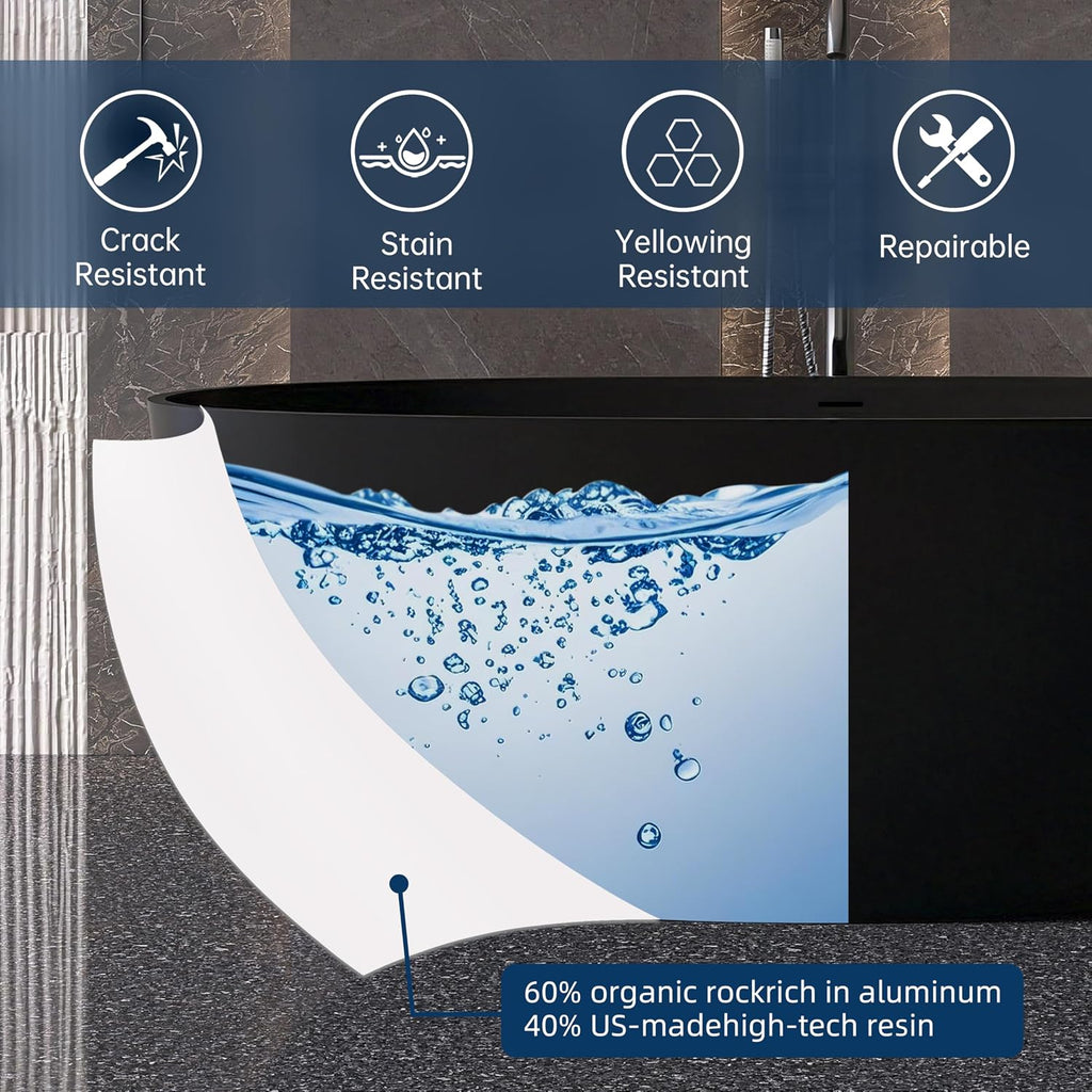 61' Stone Resin Freestanding Bathtub, Oval Solid Surface Bathroom Freestanding Tub, Thin Edge Stand Alone Tub with Integrated Slotted Overflow and Pop-up Drain, Matte Black 303-1550