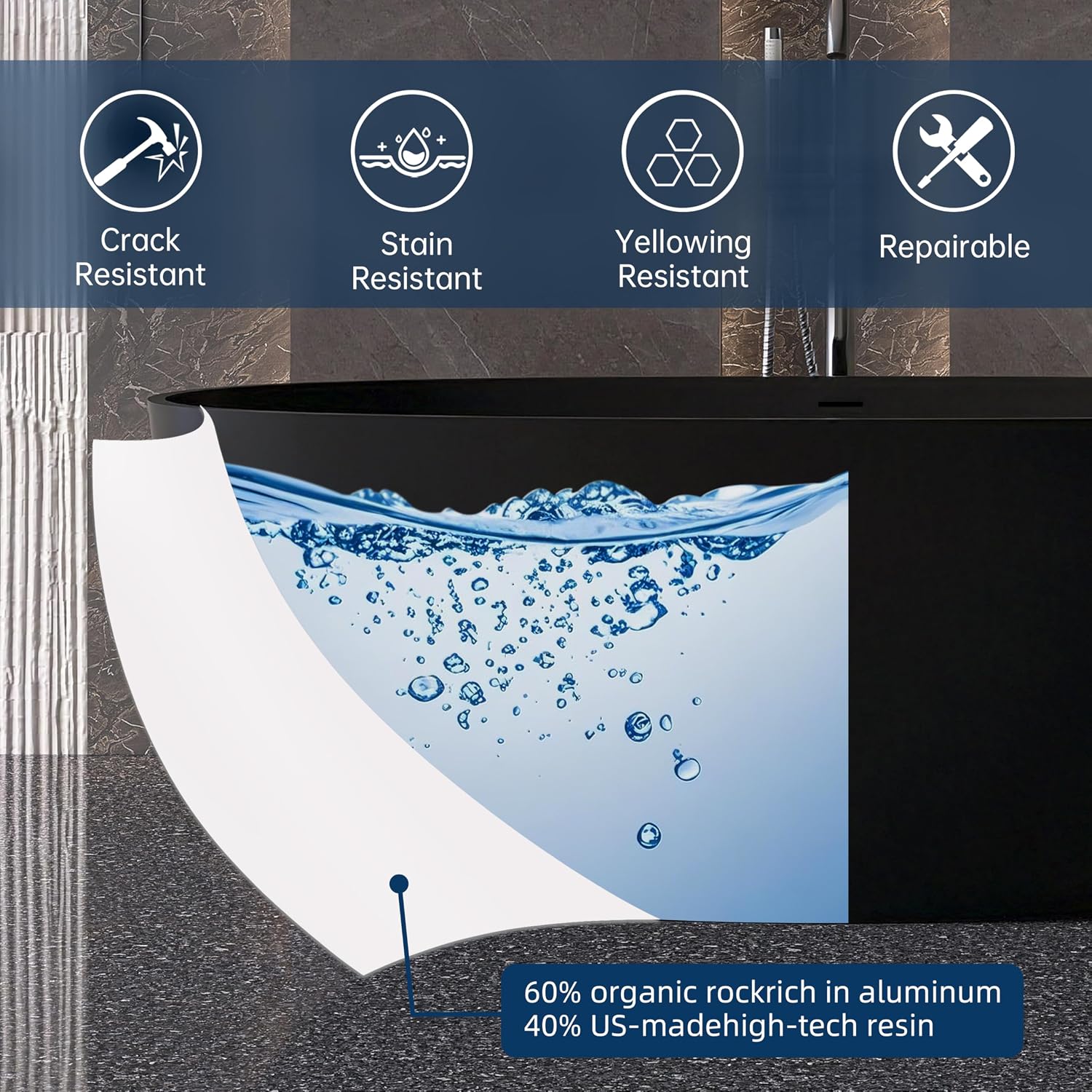61' Stone Resin Freestanding Bathtub, Oval Solid Surface Bathroom Freestanding Tub, Thin Edge Stand Alone Tub with Integrated Slotted Overflow and Pop-up Drain, Matte Black 303-1550