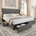 BRELTAM Queen Size Bed Frame with 4 Storage Drawers Linen Upholstered Platform Bed with Wingback Headboard, No Box Spring Needed, Easy Assembly, Light Grey