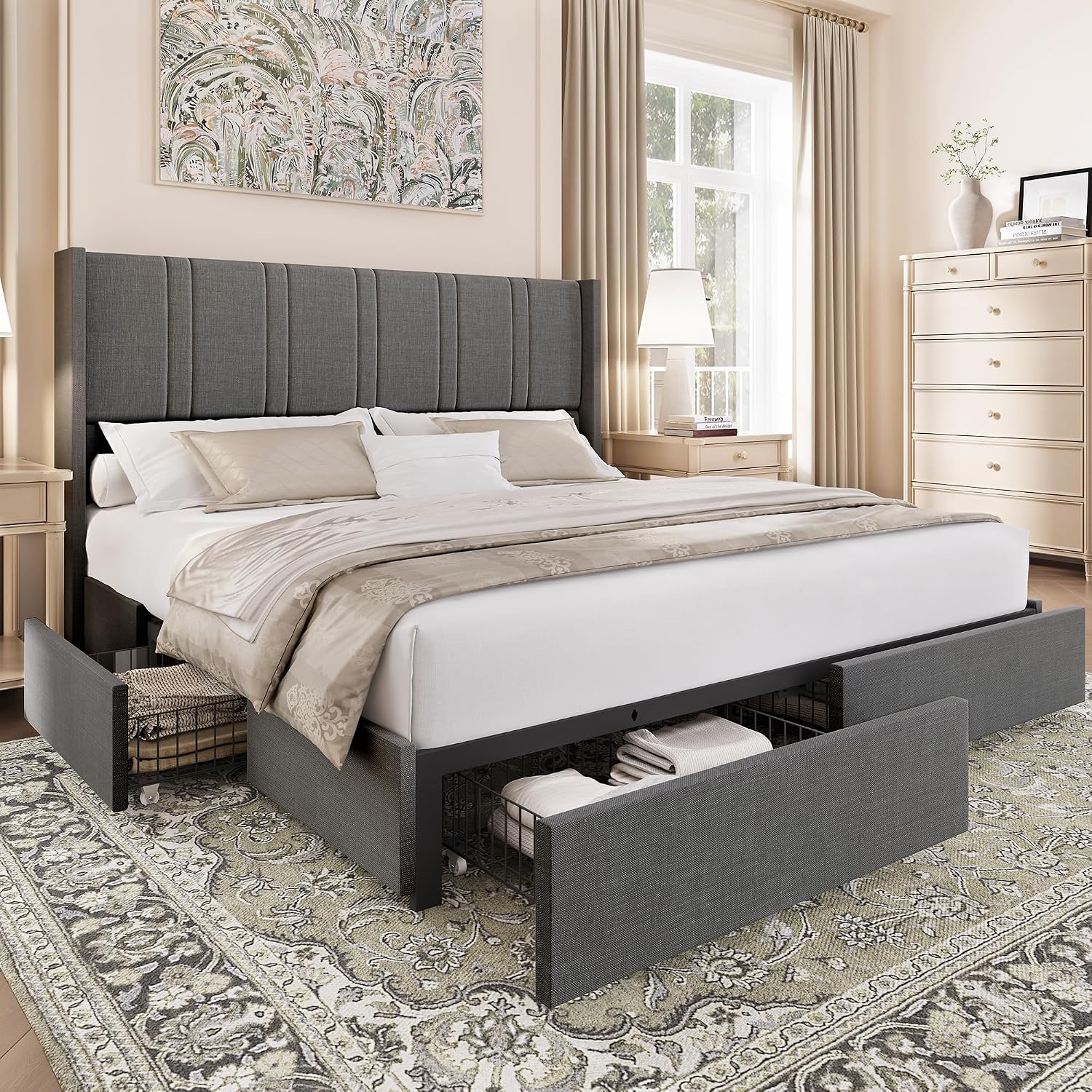 BRELTAM Queen Size Bed Frame with 4 Storage Drawers Linen Upholstered Platform Bed with Wingback Headboard, No Box Spring Needed, Easy Assembly, Light Grey